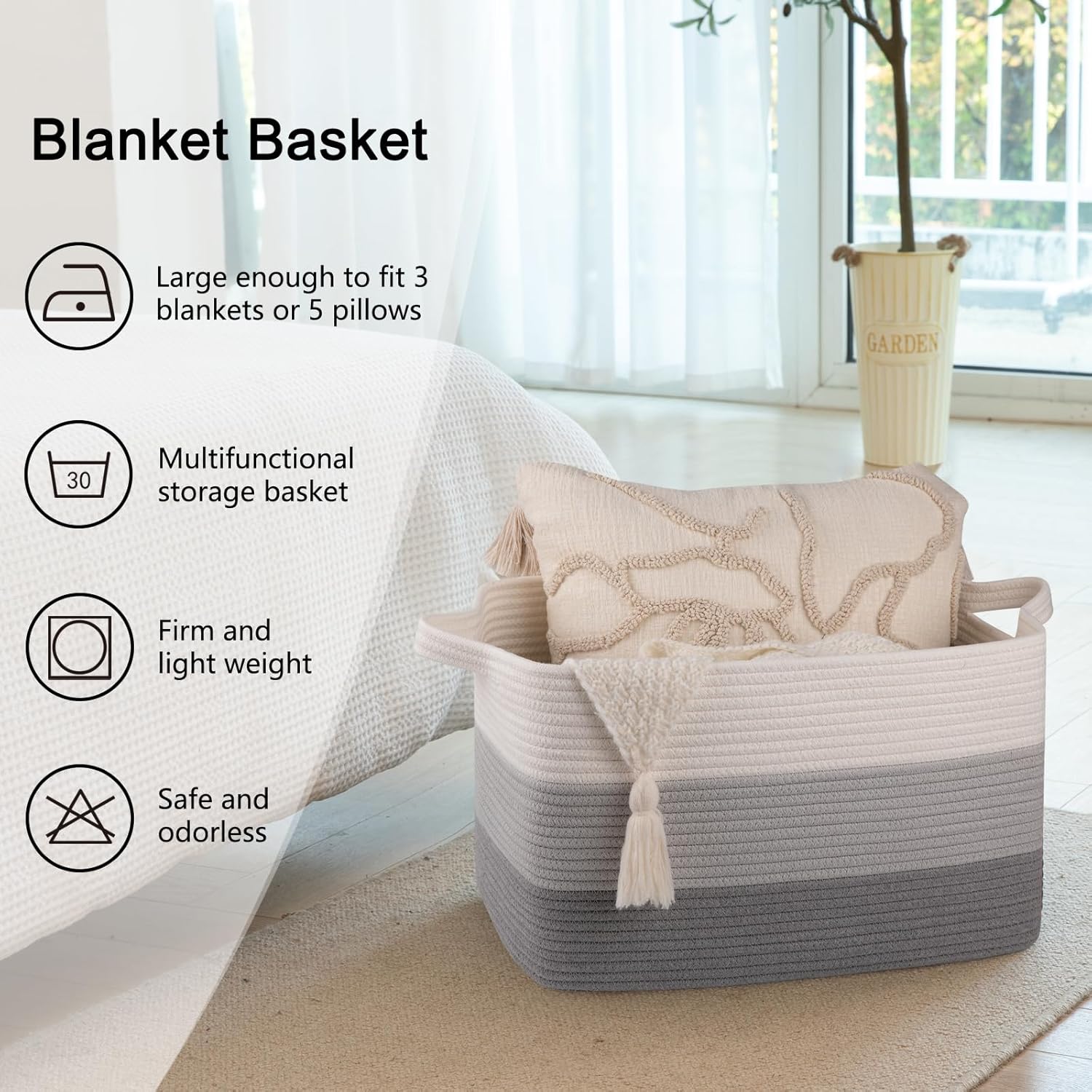 OIAHOMY Cotton Rope Basket, Rectangle Woven Baskets for Storage, Nursery Blanket Storage Living Room, Toy Basket With Handle-17.7”x13.8”x11”-Gradient Grey