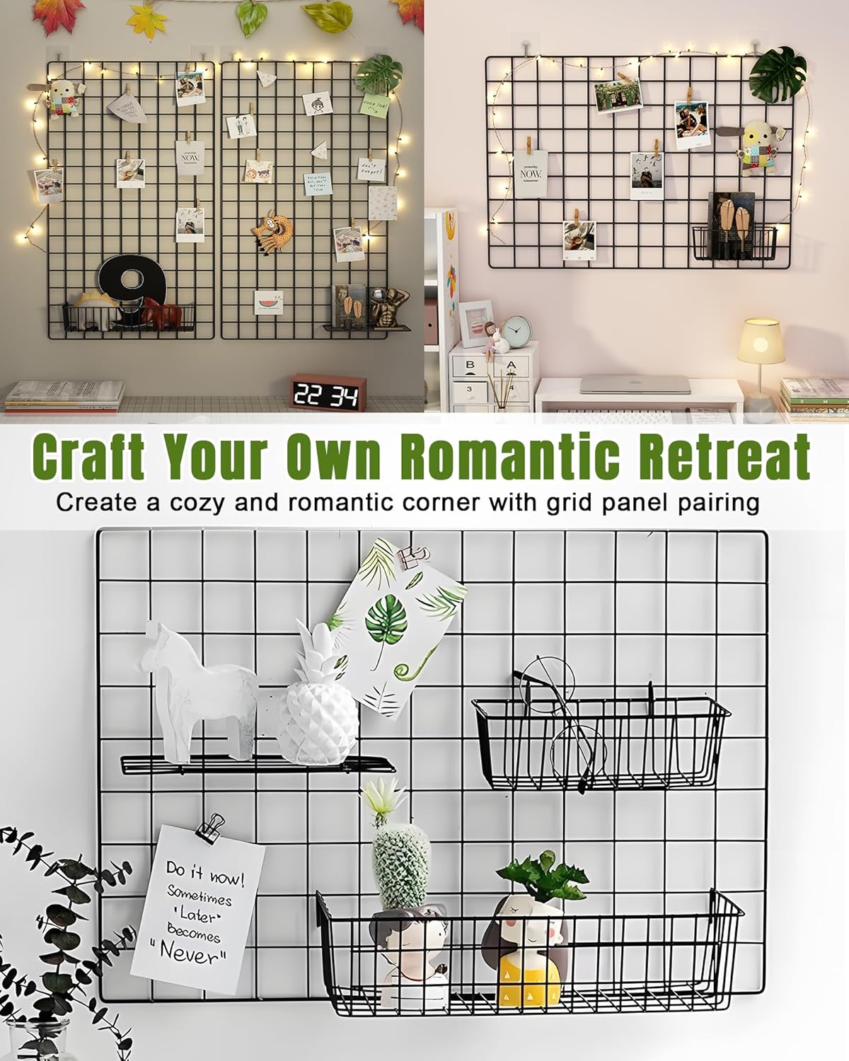 10 PCS Black Wire Baskets, No Drilling, Hanging Wire Basket for Wall Grid Panel Organizing, Grid Wall Accessory