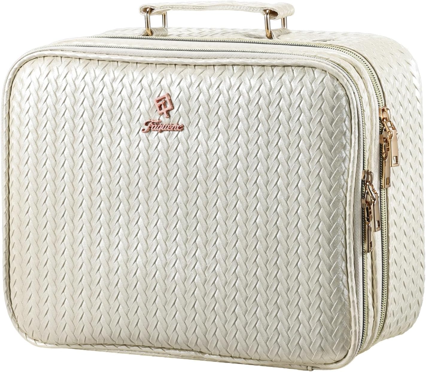 Makeup Bag with LED Lighted Mirror 12.2 IN Travel Double Layer Makeup Case Adjustable Brightness in 3 Colors Cosmetic Organizer Artist Storage with Dividers Brush Holder Vanity Beige