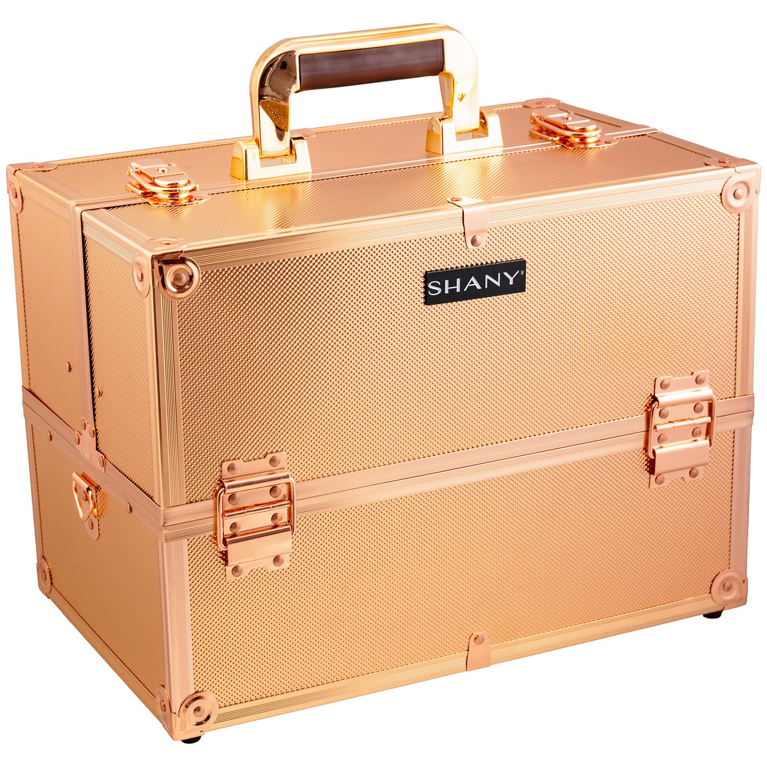 SHANY Essential Pro Makeup Train Case Cosmetic Box Portable Makeup Case Cosmetics Beauty Organizer Jewelry storage with Locks, Multi Compartments Makeup Box and Shoulder Strap - Rose Gold