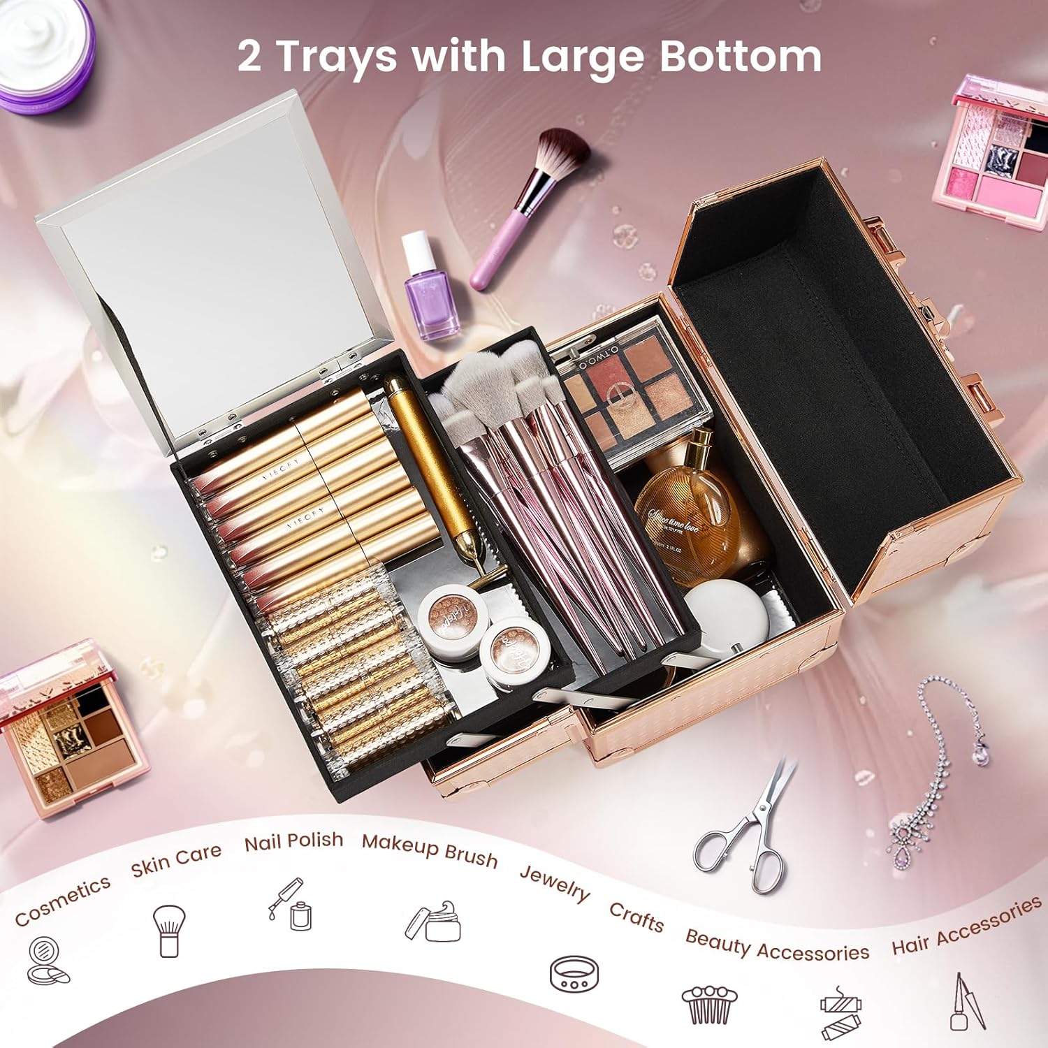 Joligrace Beauty Makeup Train Case for Lady Portable Cosmetic Box Jewelry Organizer Lockable with Keys and Mirror 2-Tier Trays Carrying with Handle Makeup Storage Box - Rose Gold