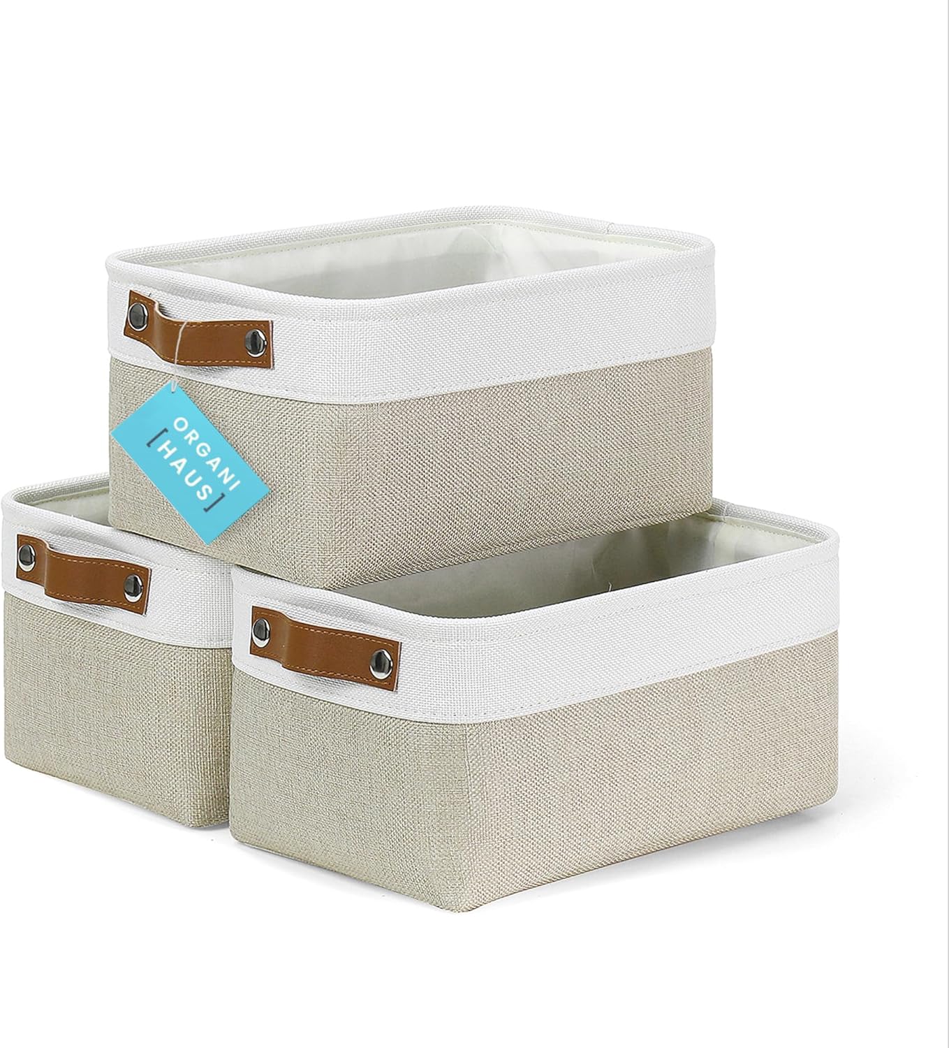 OrganiHaus Small Fabric Storage Baskets for Shelves 3 Pack, 12x08in Closet Storage Bins for Shelves, Canvas Baskets for Organizing, Linen Closet Organizers, Cloth Basket, Beige/Off-White