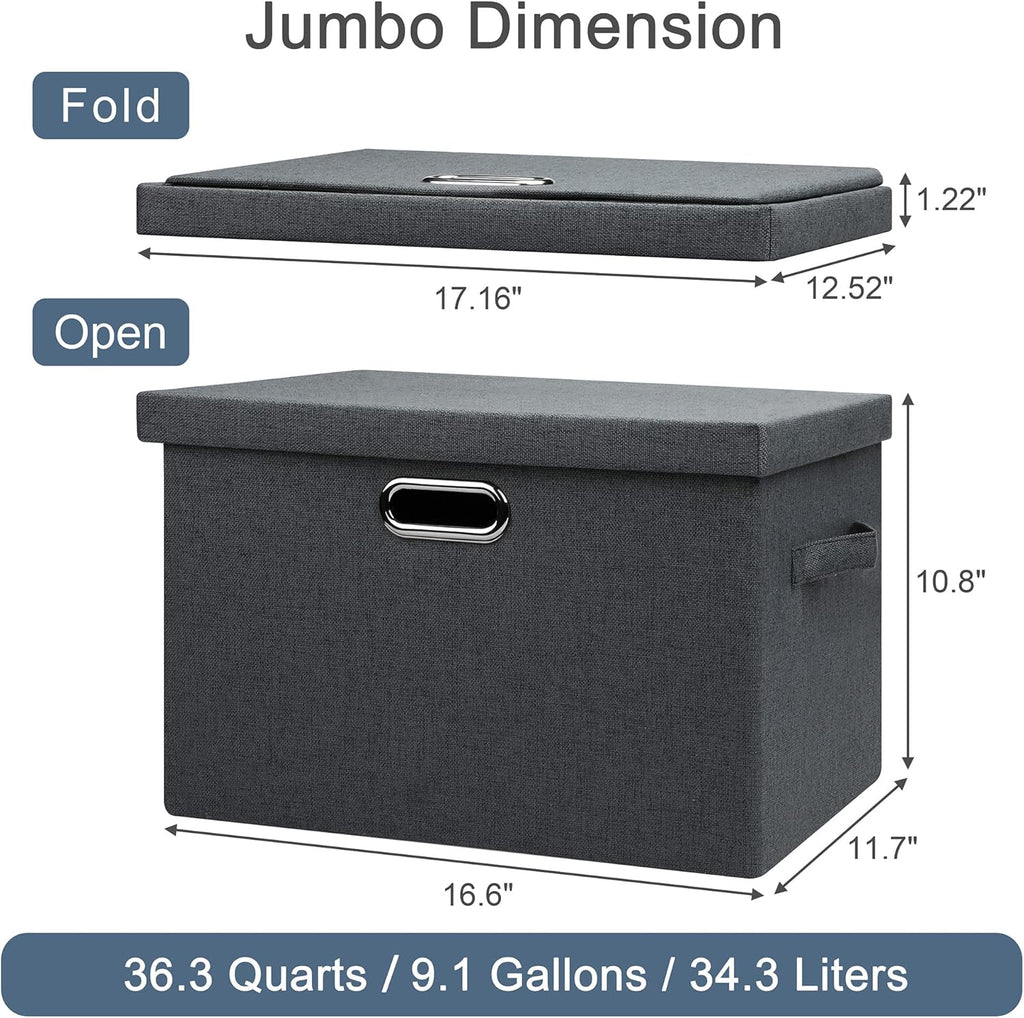 Large 17" 36 Quart Collapsible Stackable Storage Bins with Lids, 3 Packs Dark Gray Foldable Fabric Closet Storage Boxes with Lids, Heavy-duty Linen Cube Baskets(17x12x11)