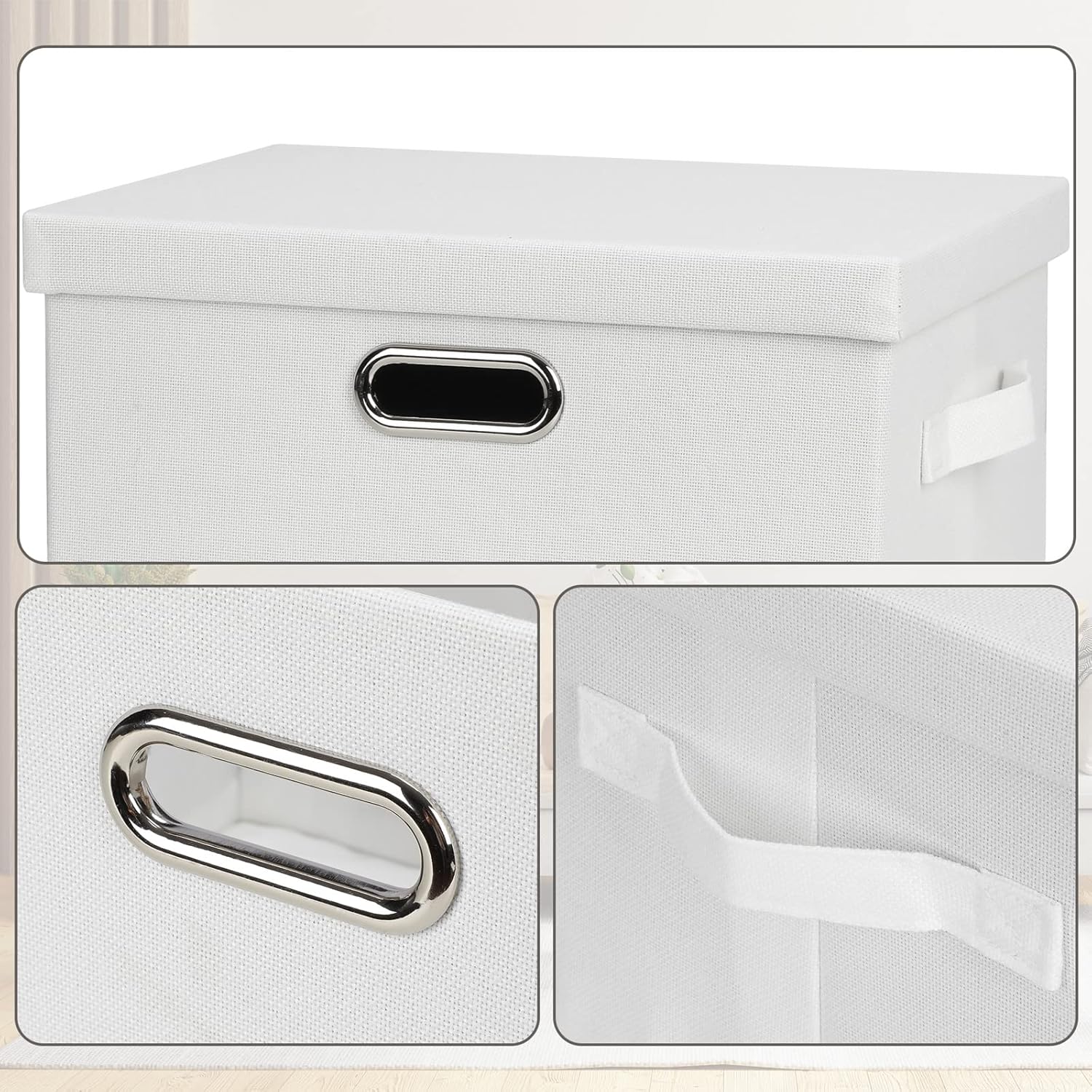 Medium 15" 21 Quart Collapsible Stackable Storage Bins with Lids, 3 Packs White Foldable Fabric Closet Boxes Heavy-duty Linen Cube Baskets Container for Bedroom Office (15 x 11 x 8)