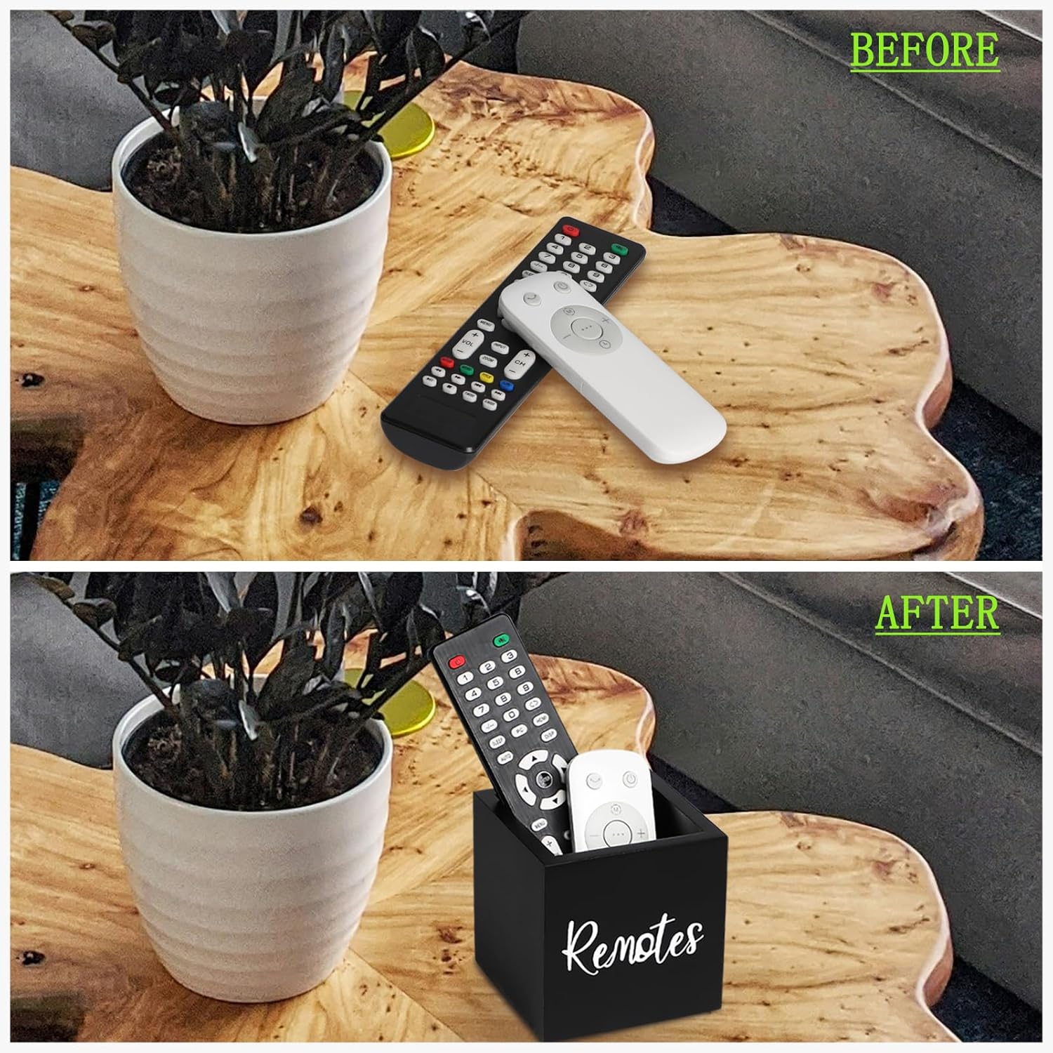 Wood Remote Control Holder, TV Remote Control Organizer for Home Bedroom Table, Multi-Purpose Desktop Storage (Black, S,for 2 or 3 Remote Controls)