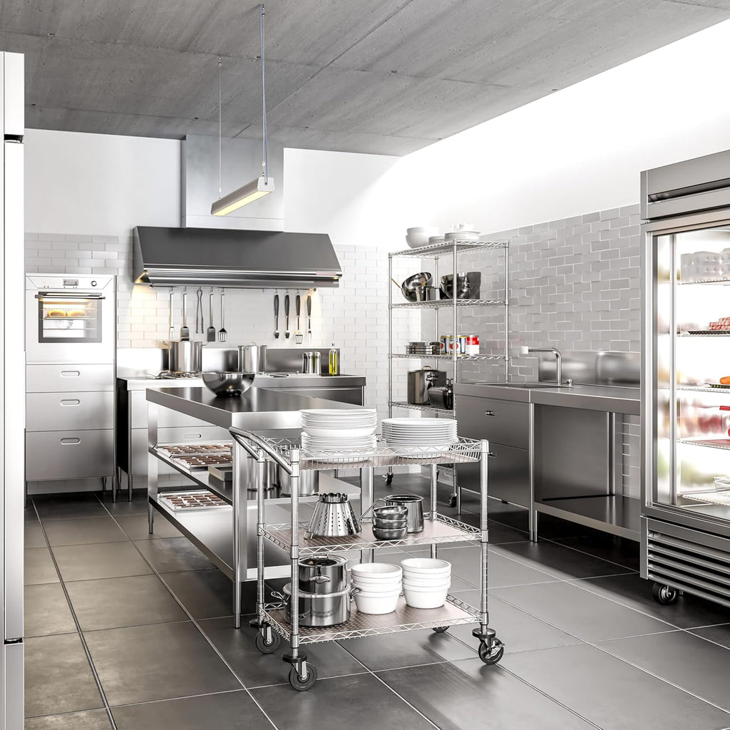 Seville Classics UltraDurable NSF Commercial Heavy Duty Metal Rolling Utility Cart, w/ Steel Shelves, Handle Bar for Restaurant, Garage, Warehouse, Kitchen, Office, Top Basket 35.5"W x 20.25"D, Chrome