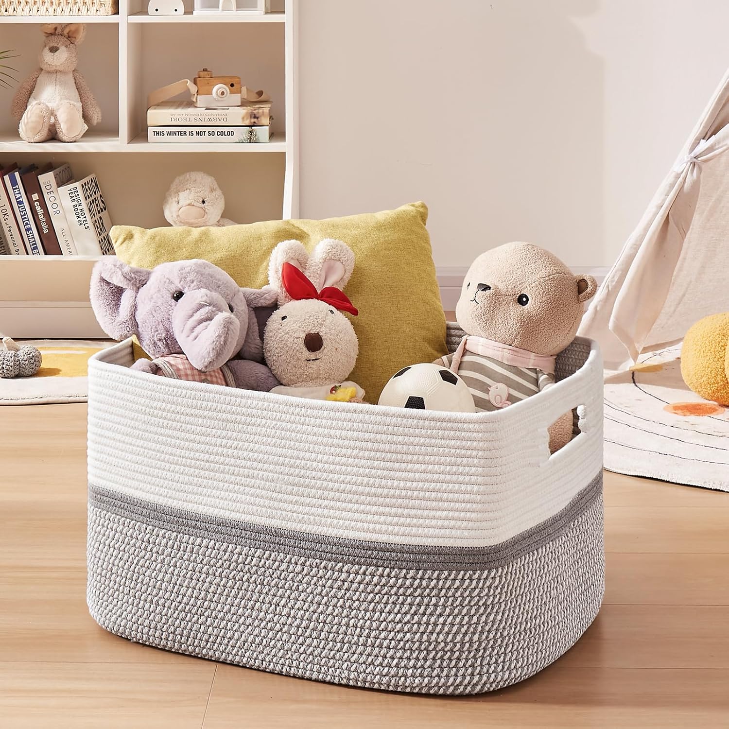 OIAHOMY Large Blanket Basket, 22”x17”x12” Rectangle Woven Baskets, Nursery Blanket Storage Living Room, Toy Storage With Handle, Large Baskets for Organizing-Grey/White