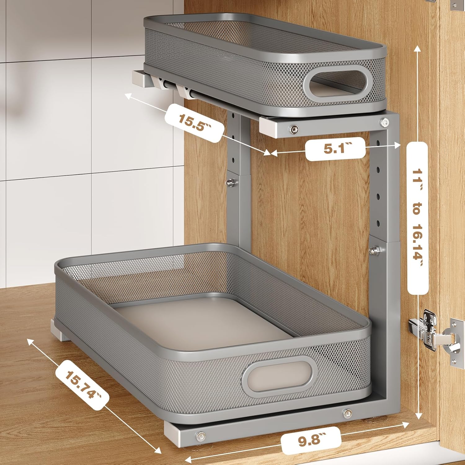 1 Pack 15.7IN-Depth Under Sink Organizer With Smooth Cylindrical Rail,2-Tier Pull Out Multi-Purpose Cabinet Storage for Bathroom&Kitchen,Height Adjustable,Rust-resistant Coating-Gun Gray