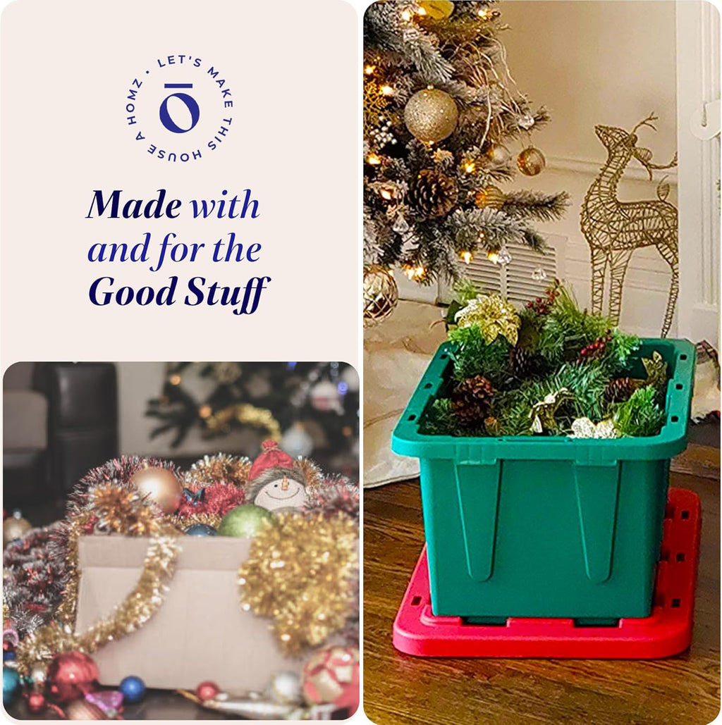 HOMZ 4-Pack Durabilt Tote, Heavy Duty Plastic Storage Bins with Lids, 15 Gallon, Green/Red - Stackable Organizing Containers for Home, Garage, and Office