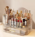 Makeup Organizer with Drawers and 360° Rotating Brush Holder, Large Capacity Cosmetic Storage for Vanity, Skincare, Perfume, Hair Accessories, Lipstick & Jewelry (Clear, 2-layer)