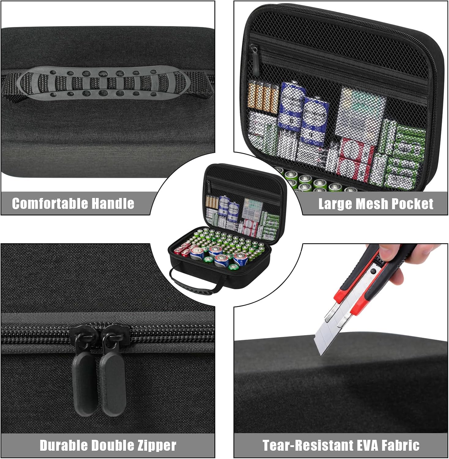 Battery Organizer Storage Case, Large Waterproof Carrying Bag Containers Box Holder Holds 83+ Batteries AA AAA C D 9V 3V - with Battery Tester BT-168, Black (Case Only)