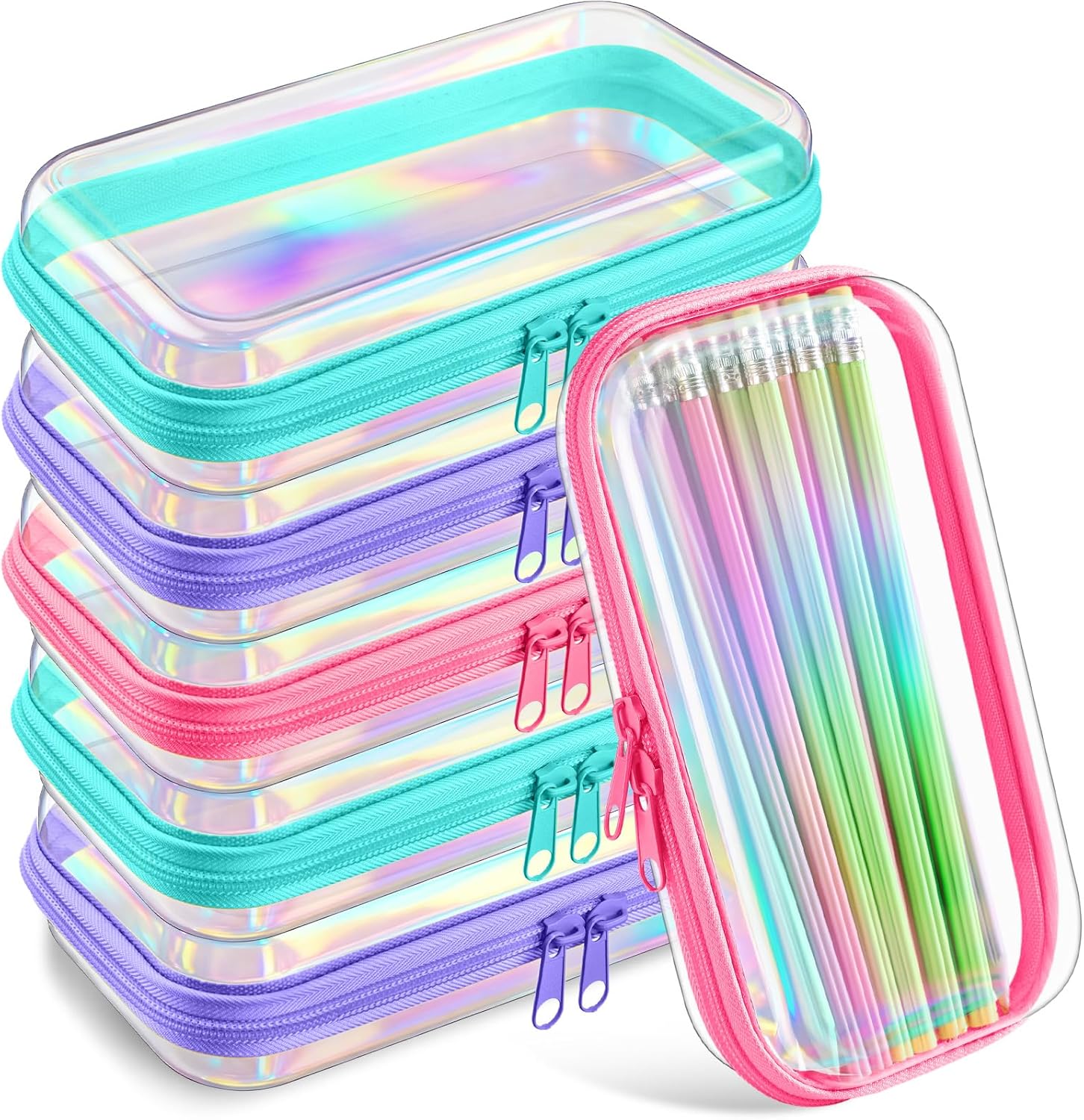 Sanwuta 6 Pcs Clear Hard Zipper Case Hard Plastic Zipper Pouches Transparent Makeup Bag Pencil Pouches for Travel Snacks Christmas Trinket Storage Organizer Box(Holographic,7.48 x 3.94 x 2 Inch)