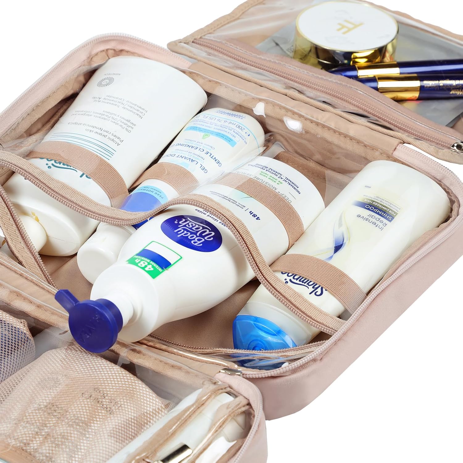 NISHEL Travel Toiletry Bag for Women, Makeup Essentials Organizer, Hanging Case for Accessories, Cosmetics, Large Size, Pink