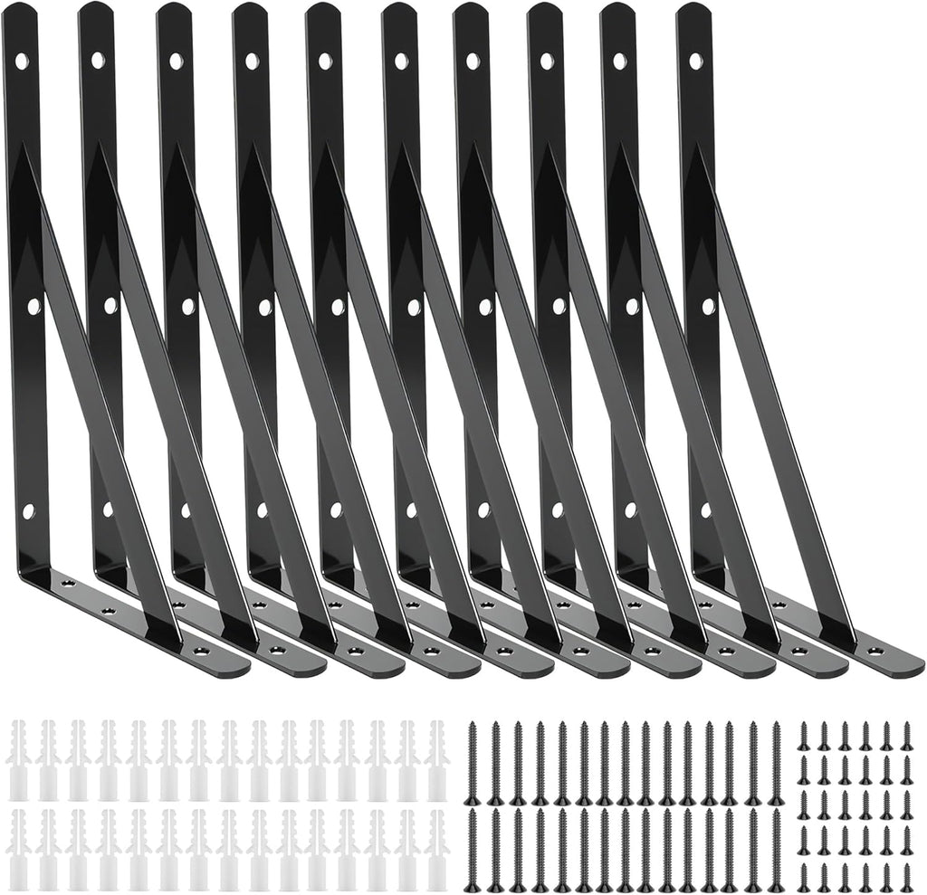 10 Pack L16 x H 10" Heavy Duty Shelf Brackets with Screws Open Floating Shelving Bracket L Brackets Black Metal Shelf Brackets for Shelves, Room, Pantry,Garage