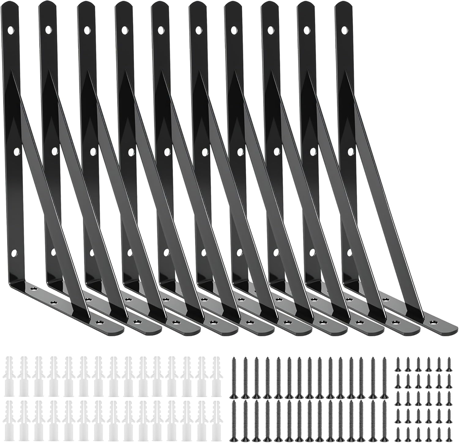 10 Pack L14 x H 10" Heavy Duty Shelf Brackets with Screws Open Floating Shelving Bracket L Brackets Black Metal Shelf Brackets for Shelves, Room, Pantry, Garage