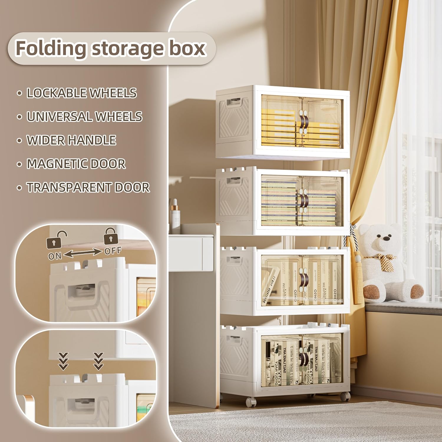 200 QT / 50 Gal Rolling Foldable Storage Cabinet with Stackable Feature - Double Magnetic Doors, Leather Handles, Durable Plastic for Closet/Office, Easy Assembly & Move