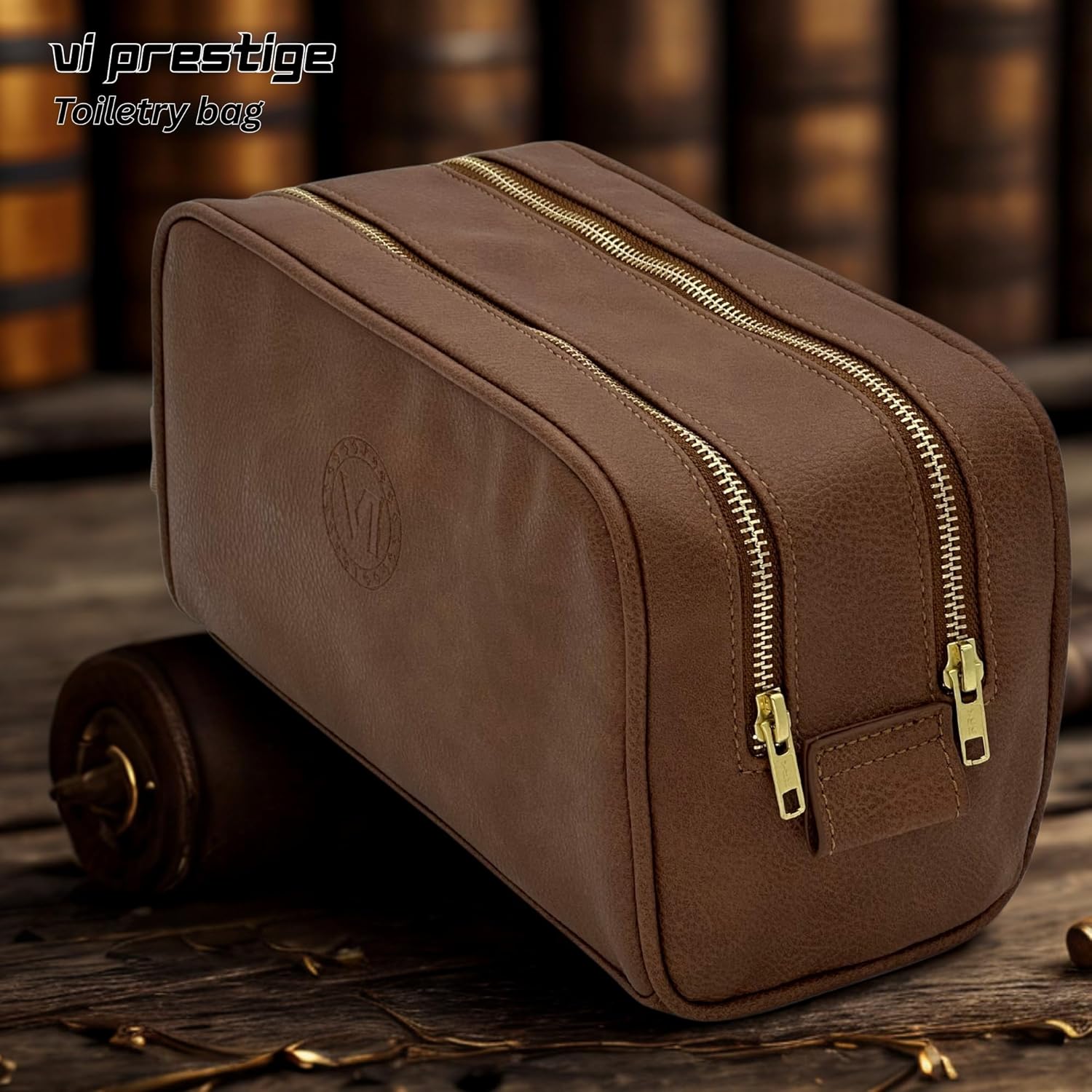 Dopp Gift Large Travel Toiletry Bag Premium Quality PU Leather Two compartments YKK Zippers Water-resistant Bottom Studs Mesh Pockets Durable Cosmetic Organizer BROWN