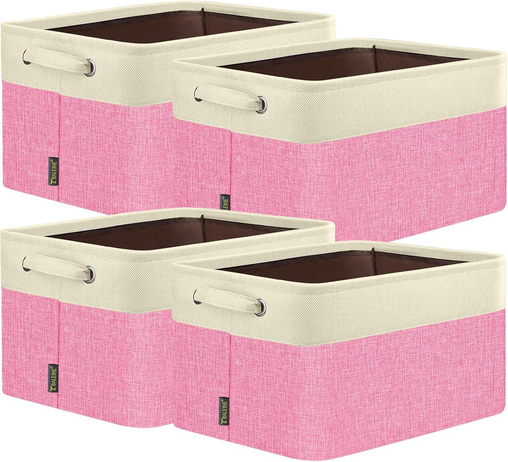 BALEINE 4 Pack Fabric Storage Bins for Shelves, Linen Storage Baskets for Organizing, Decorative Closet Bins for Clothes, Home (Pink, 17''x13''x10.5'')