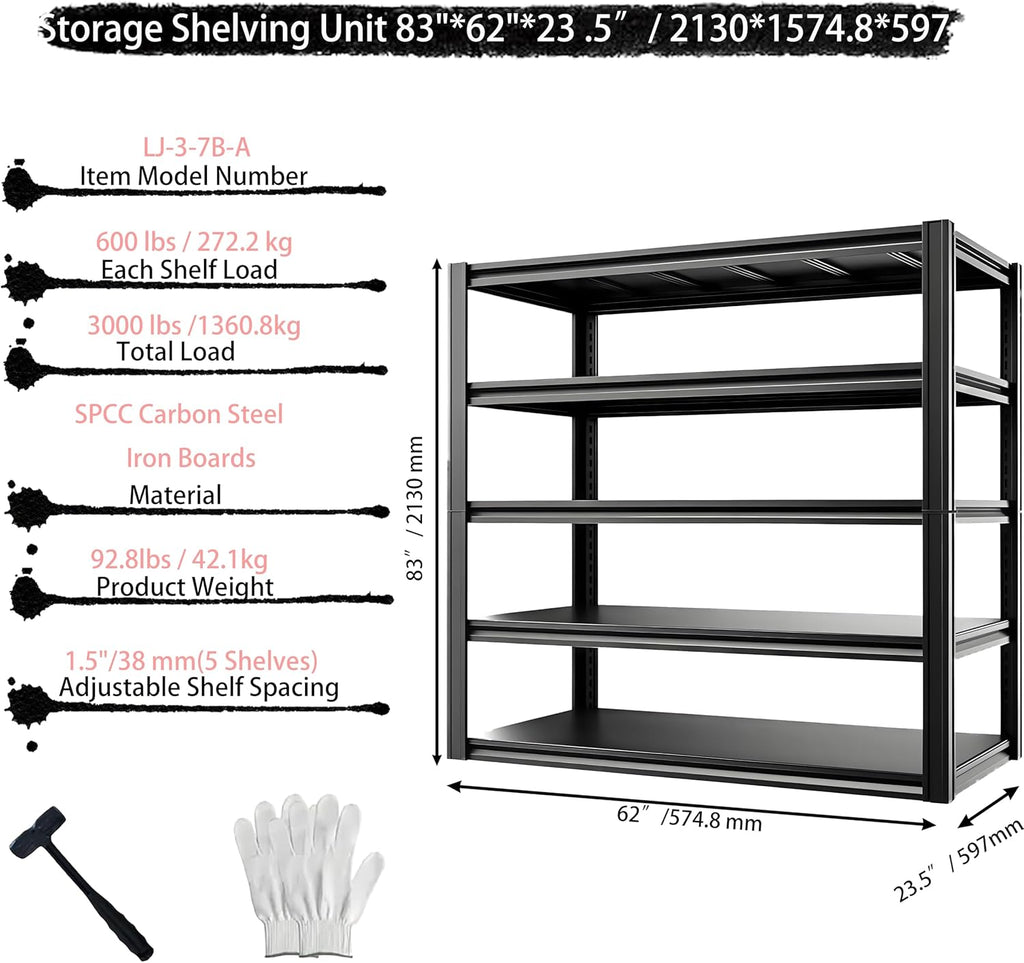Industrial Storage Rack,Heavy-Duty Steel Shelving Unit,Multi-Purpose Garage Organization System Black 72" H x 62" W x 23.5" D 5-Tier