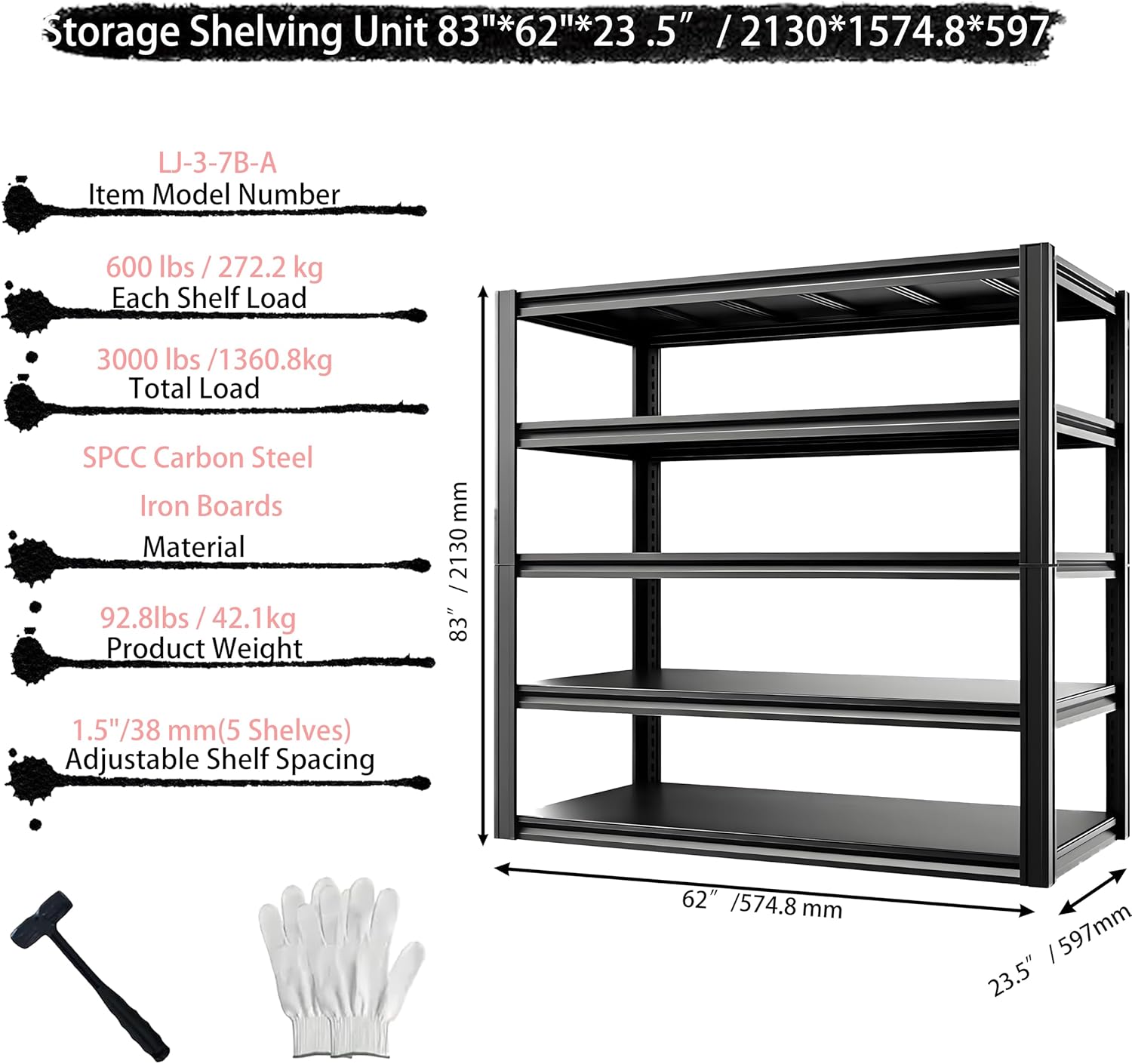 Industrial Storage Rack,Heavy-Duty Steel Shelving Unit,Multi-Purpose Garage Organization System Black 72" H x 62" W x 23.5" D 5-Tier