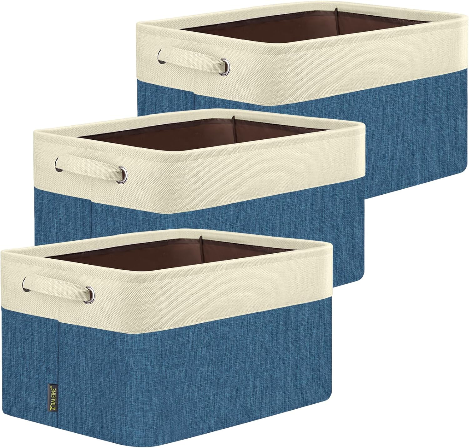 BALEINE 3 Pack Fabric Storage Bins for Shelves, Linen Storage Baskets for Organizing, Decorative Closet Bins for Clothes, Home (Navy Blue, 14''x10''x8.5'')