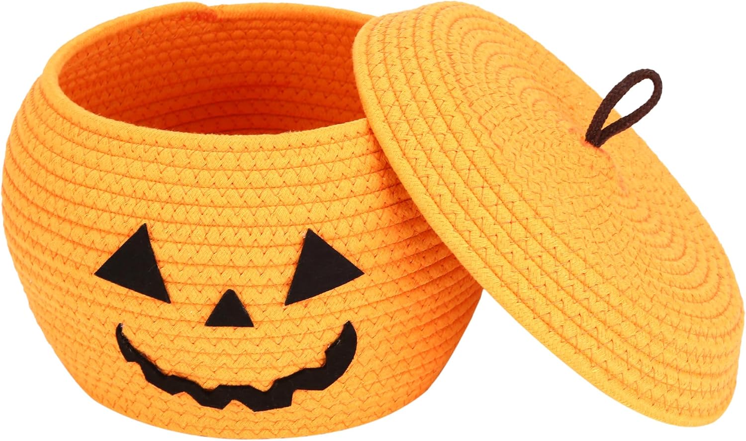 Sea Team Round Cotton Rope Storage Basket with Lid, Halloween Pumpkin Woven Storage Bin, Pot, Caddy, Organizer, Container for Snacks, Towels, Plants, 10 x 7.5 Inches (Small, Orange)