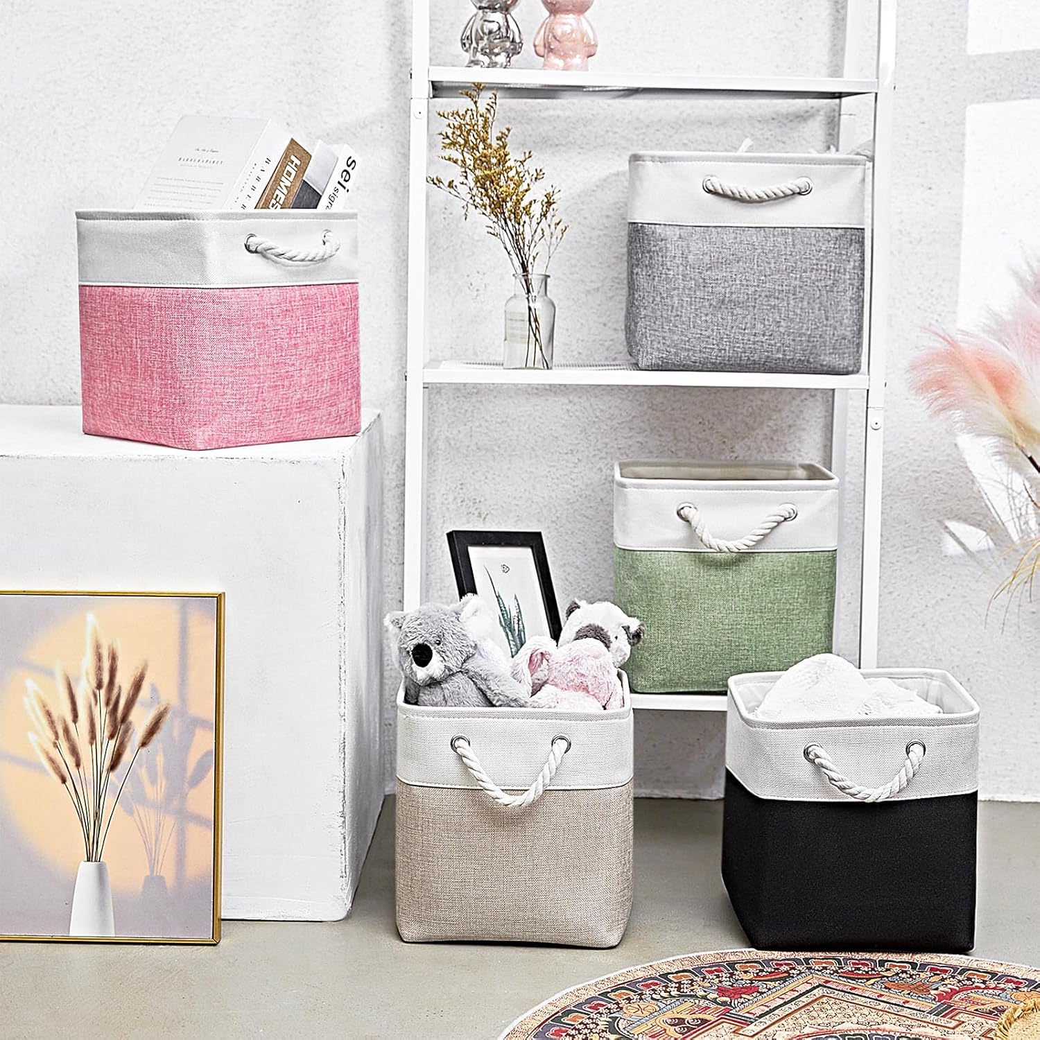 Fabric Storage Cubes, 11 inch cube storage bin with Handles, 11x11cube storage organizer bins, Collapsible Storage Bins for Shelves and Home, Cubby Storage Bins (white-black, 10.5x10.5x11in)