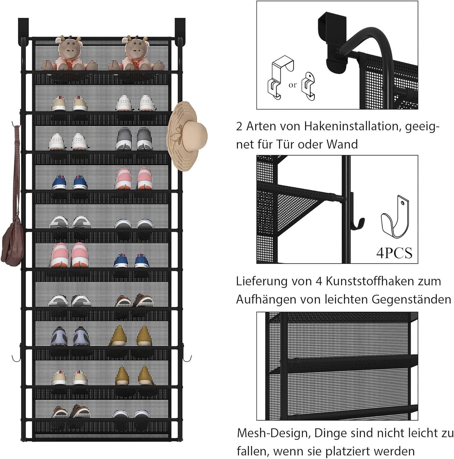 10 Tier Shoe rack Hanging Shoe Storage the door shoe rack for Closet Pantry Over The Door Shoe Organizer Wall Floating Shelves (Black, 10 Tier)
