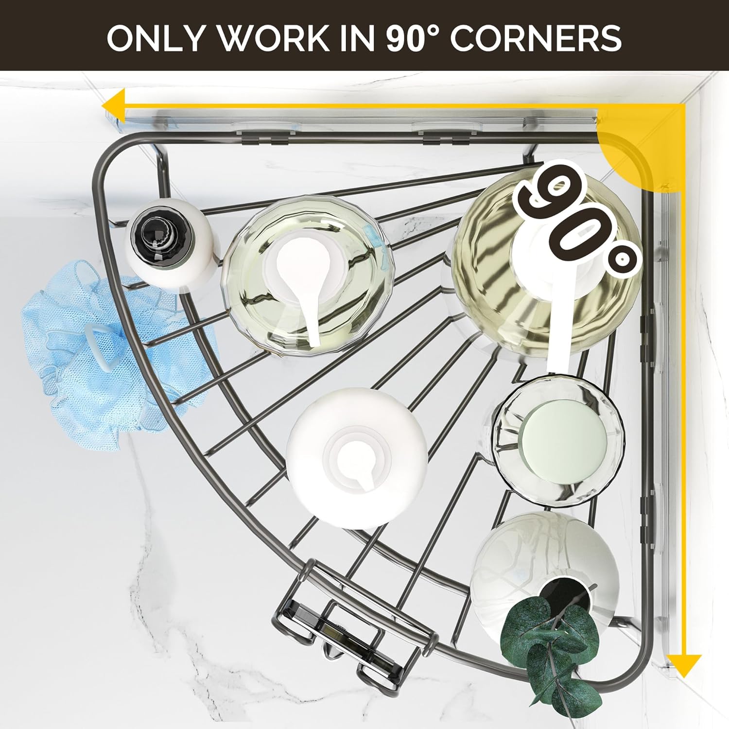 Orimade Corner Shower Caddy Stainless Steel with Hooks Wall Mounted Bathroom Shelf Storage Organizer Adhesive No Drilling 3 Pack, Grey Only for 90-Degree Corner