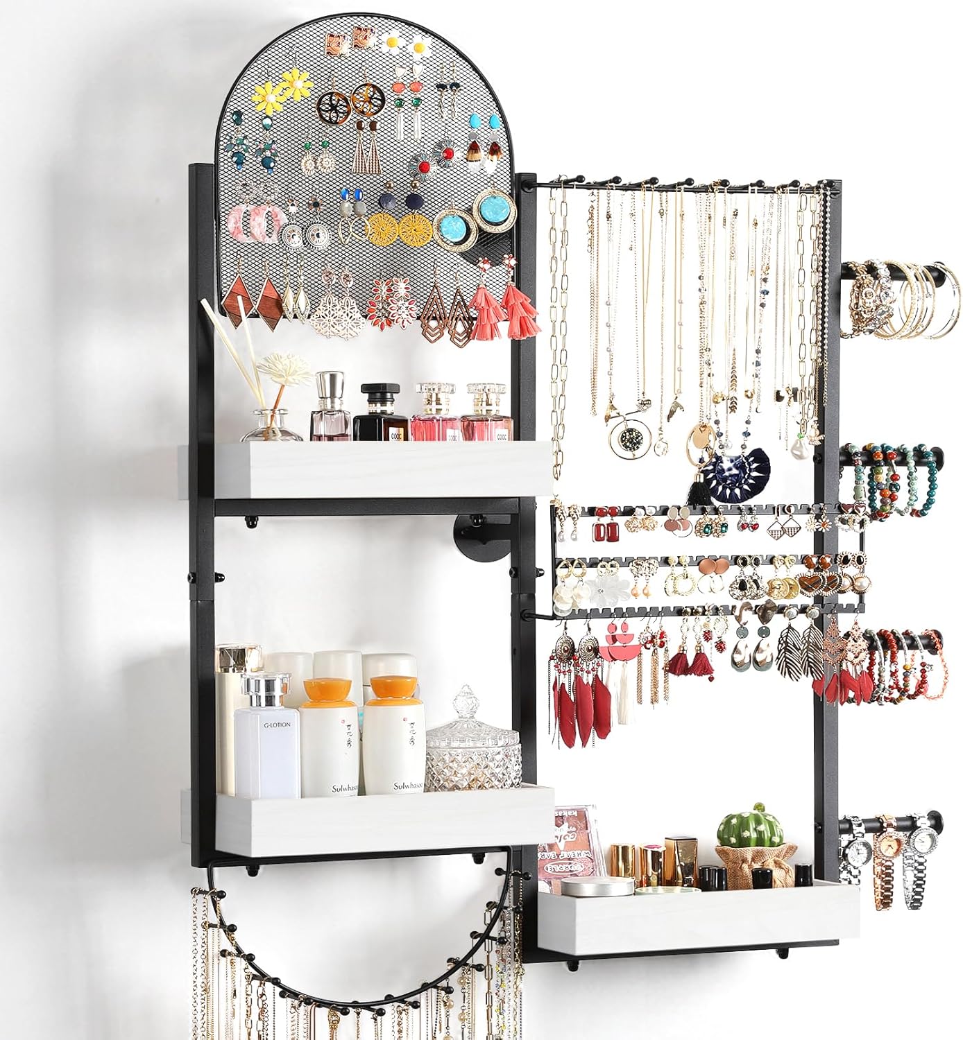 Keebofly Wall Mount Hanging Jewelry Organizer - Large Display Holder for Earrings, Rings, Necklaces, Bracelets, Watches and Perfume - White