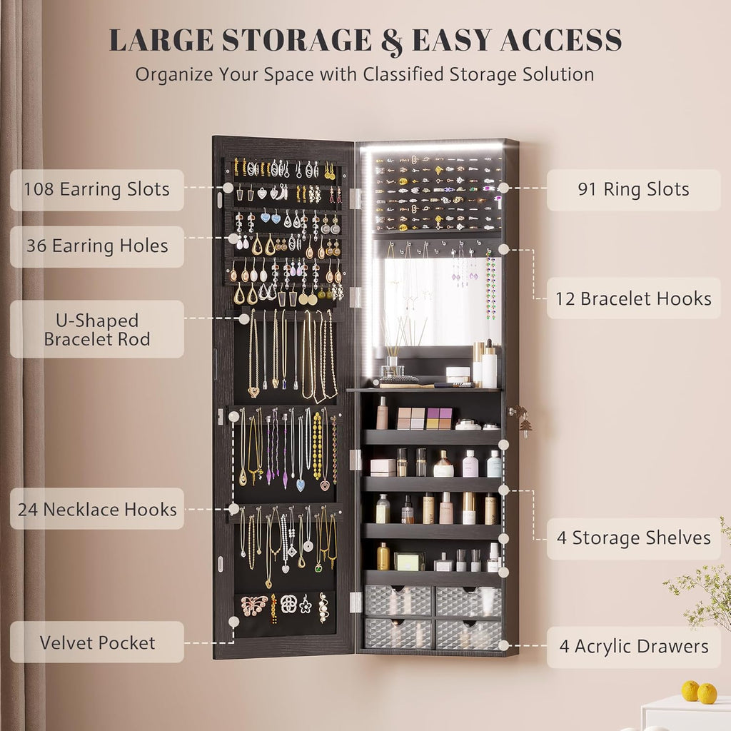 Vlsrka 47.2" LED Jewelry Armoire Organizer, Wall/Door Mounted with Full Length Mirror, Large Storage Hanging Cabinet, 4 Drawers, 5 Shelves, Built-in Lighted Mirror (Wood Black)