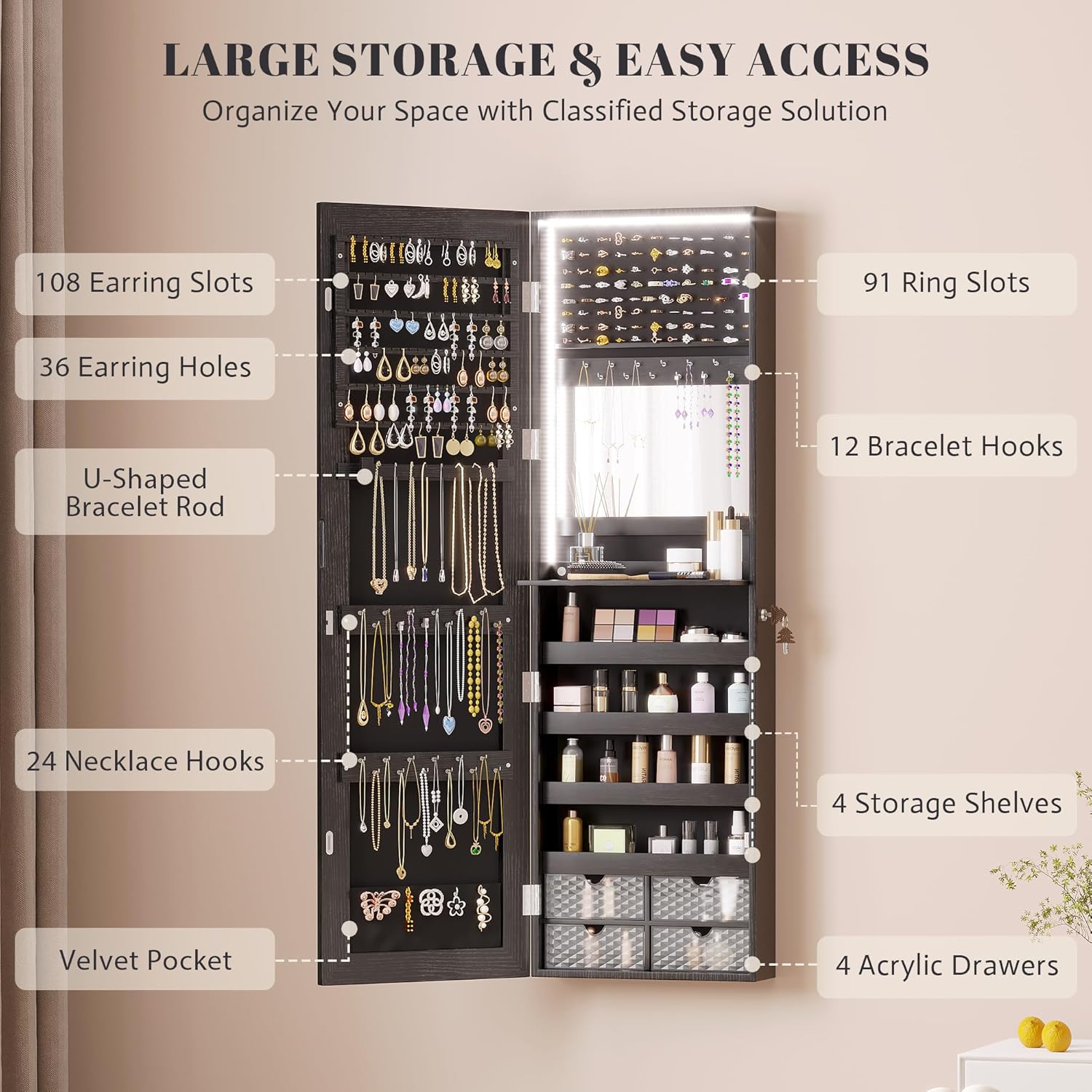 Vlsrka 47.2" LED Jewelry Armoire Organizer, Wall/Door Mounted with Full Length Mirror, Large Storage Hanging Cabinet, 4 Drawers, 5 Shelves, Built-in Lighted Mirror (Wood Black)