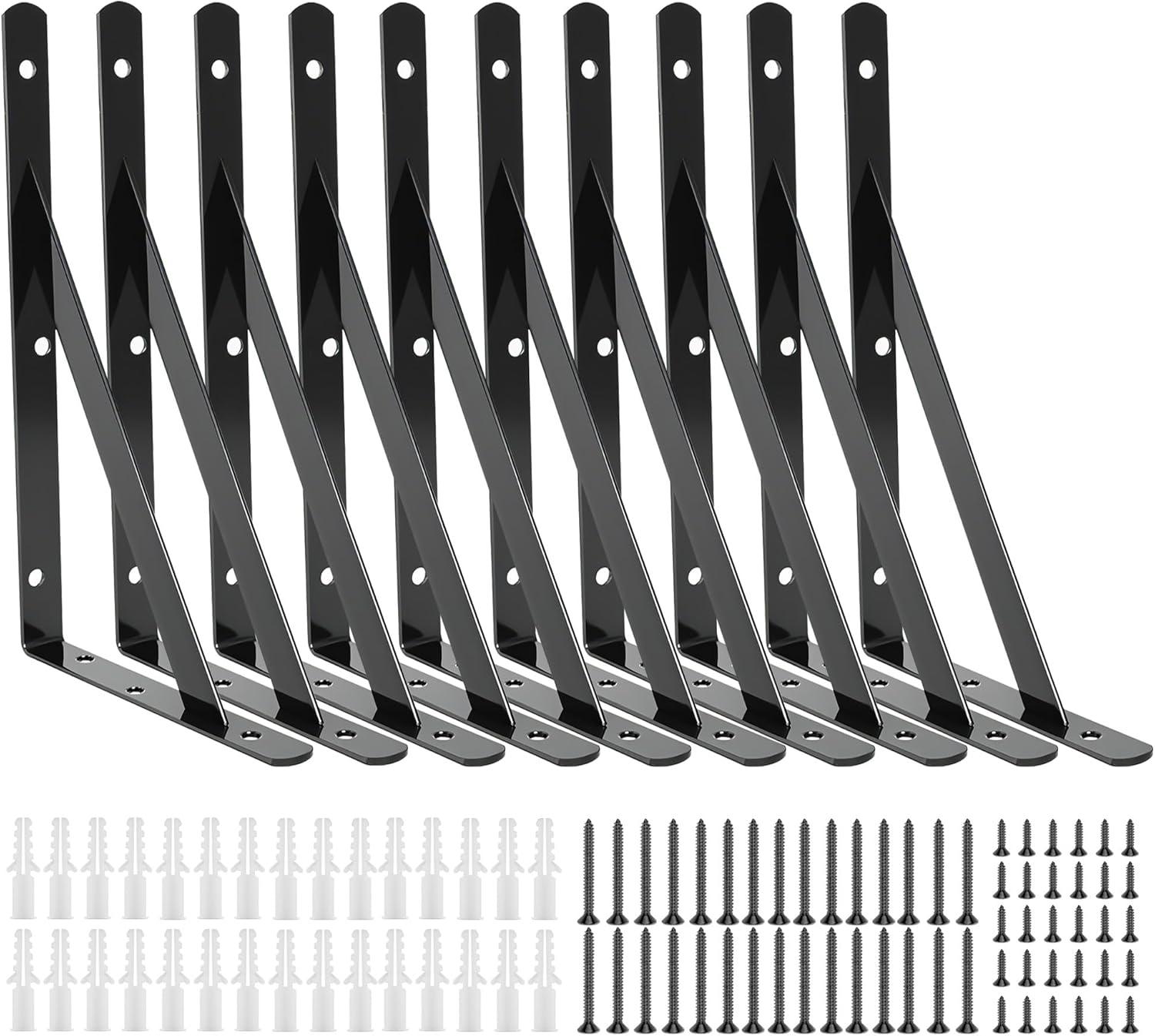 10 Pack L12 x H 8" Heavy Duty Shelf Brackets with Screws Open Floating Shelving Bracket L Brackets Black Metal Shelf Brackets for Shelves, Room, Pantry,Garage