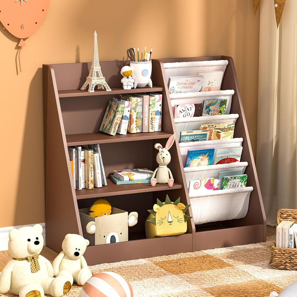 Kids Bookshelf Toy Storage Organizer 4-Tier Wood Book Rack Toddler Bookcase Baby Book Toy Display Shelf 5 Sling Bookshelf for Playroom Bedroom Nursery Classroom Church Espresso