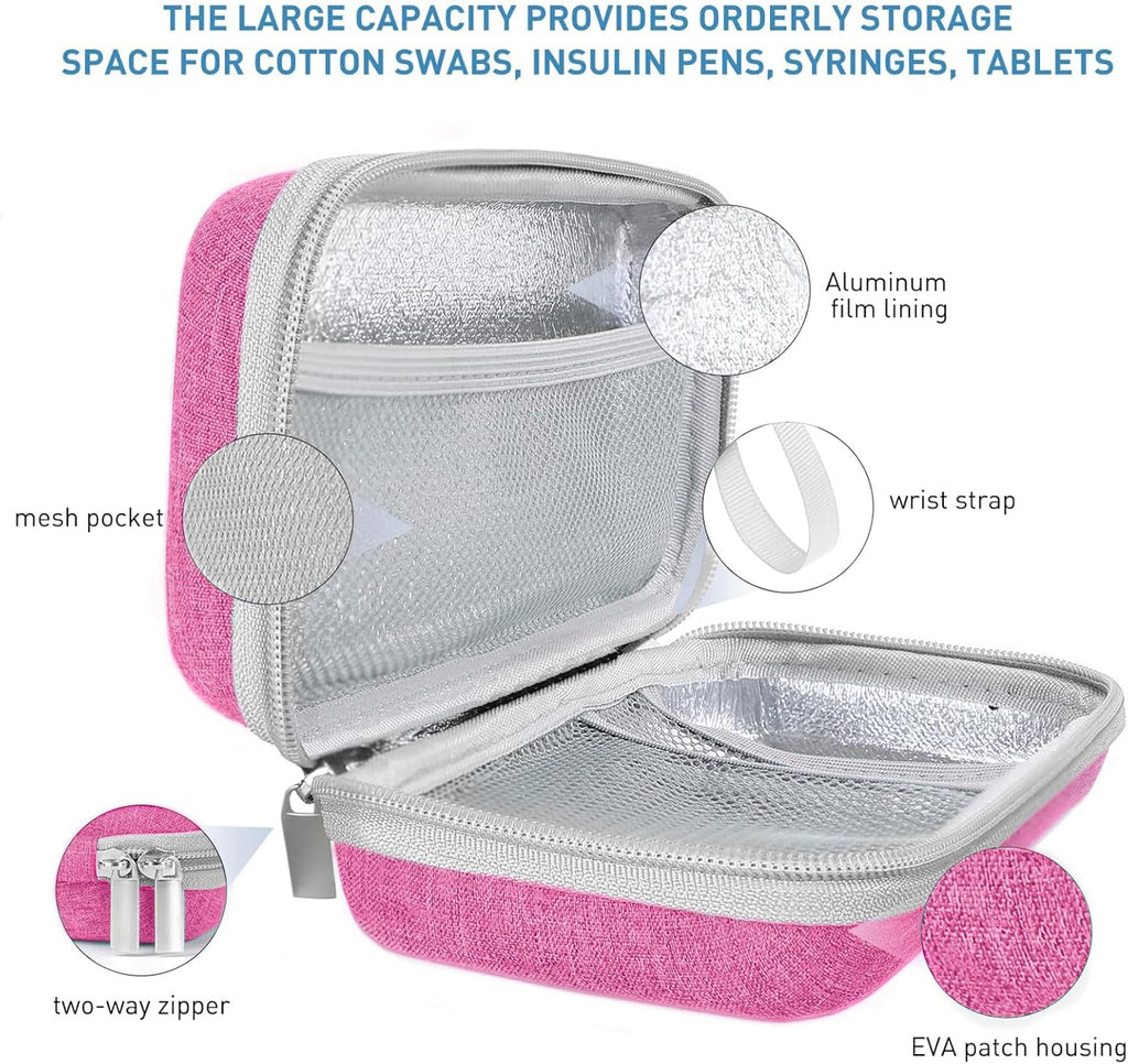 Insulin Cooler Travel Case,EVA Insulation Travel Medicine Kit with 2 Ice Packs for Diabetes Care,Insulin Pen and Other Diabetic Supplies (Pink)