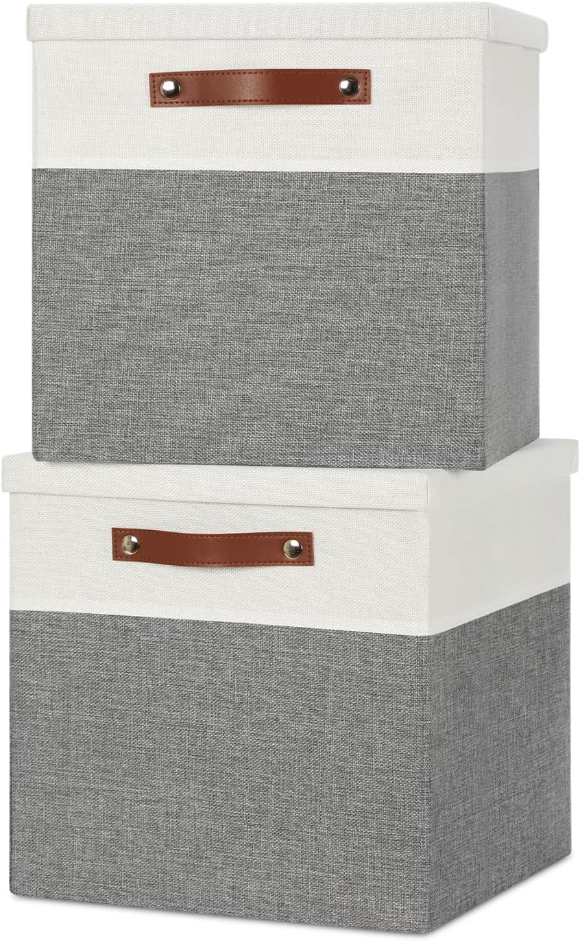 Temary Cube Storage Bins with Lids for Organizing Clothes, [2-Pack] Foldable Storage Boxes with Handles, Closet Storage Baskets for Living Room (White&Gray, 13x13x13inch)