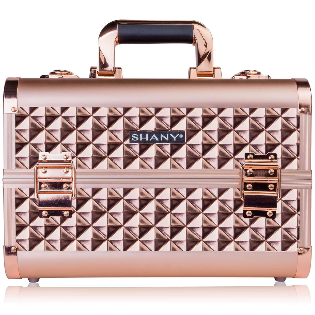 SHANY Premier Fantasy Professional Makeup Train Case Cosmetic Box Portable Makeup Case Organizer Jewelry storage with Locks, 3 Trays,Makeup Brush Holder and Cosmetics Mirror - Rose Gold