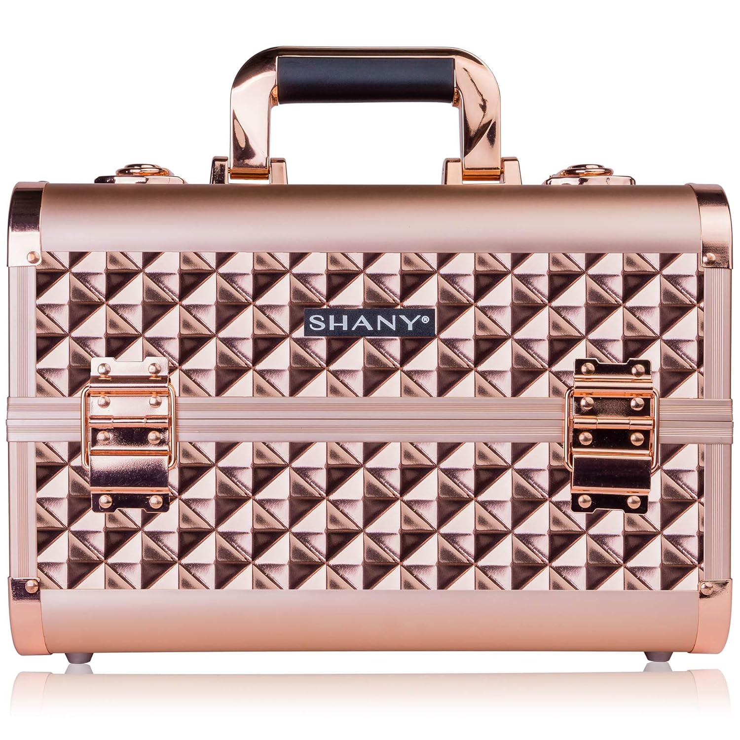 SHANY Premier Fantasy Professional Makeup Train Case Cosmetic Box Portable Makeup Case Organizer Jewelry storage with Locks, 3 Trays,Makeup Brush Holder and Cosmetics Mirror - Rose Gold