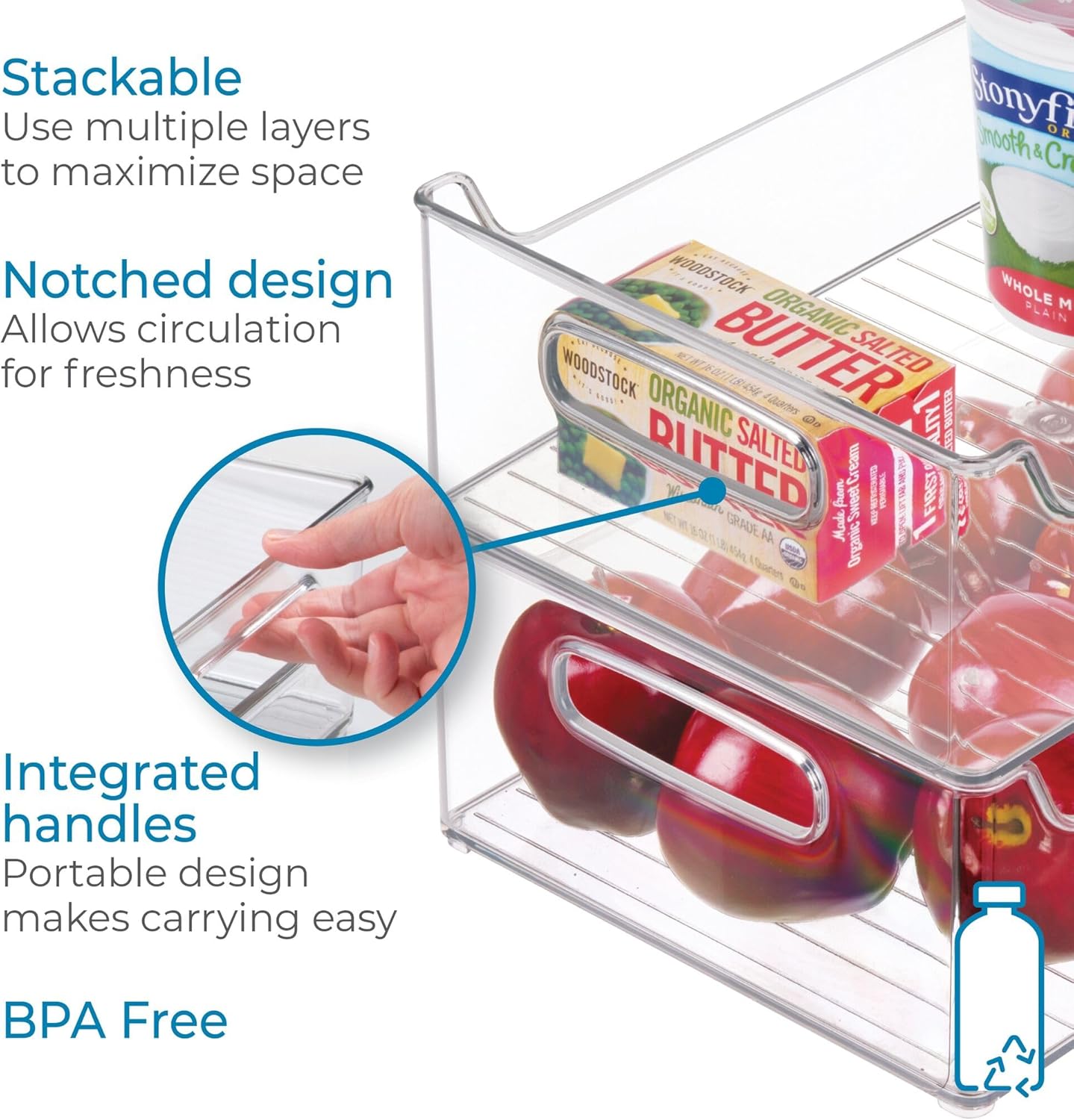 InterDesign iDesign Stackable Plastic Pantry Bin with Handles for Cabinets or Fridge, Clear, Made in USA (Pack of 4)