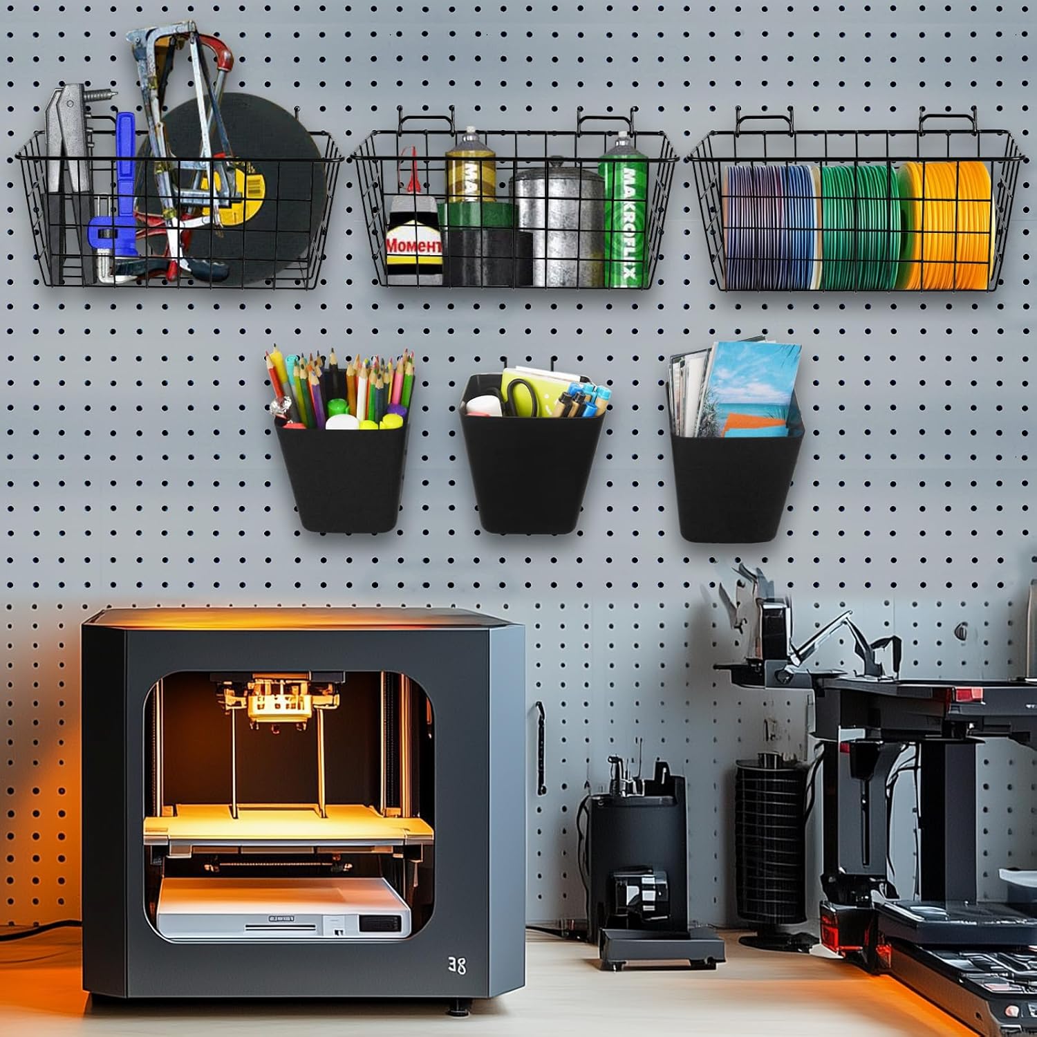 Pegboard Basket Organizers, Peg Board Large Baskets Hooks Bins Cups Tool Organizer 6 Pack Set, Wall Storage Display Hanging Accessories for Craft Office Stadio Shed Garage Organization (Black & Black)