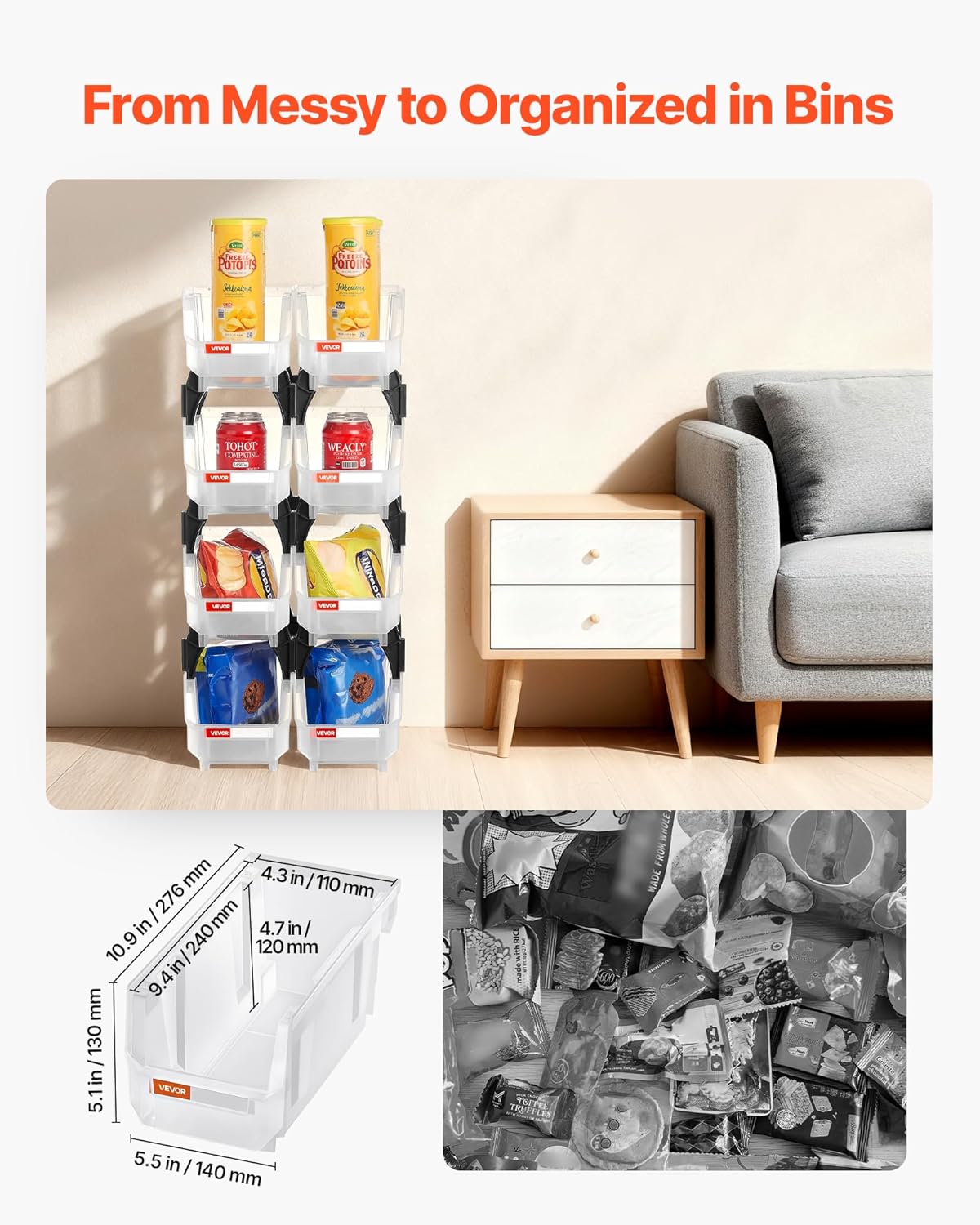 VEVOR Plastic Stackable Storage Bins, 10.9 x 5.5 x 5.1 inch (8 Pack), Plastic Containers for Organizing & Storage Bins for Closet, Garage, Small Parts, Office Supplies, Other Accessories, Transparent