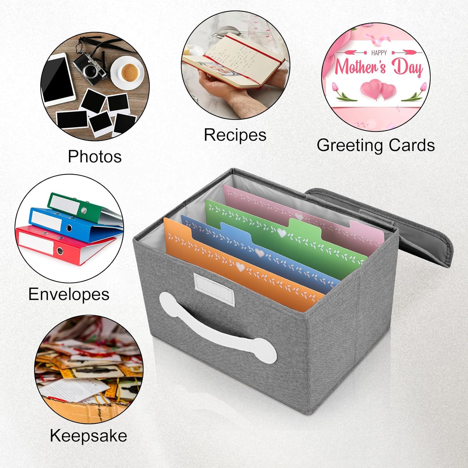Greeting Card Organizer Box with 16 Dividers,Collapsible Greeting Card Storage Box With Lids，Ideal for Greeting Cards,Recipes, Photos, Envelopes, Keepsake（Grey，84 Pcs Labels）