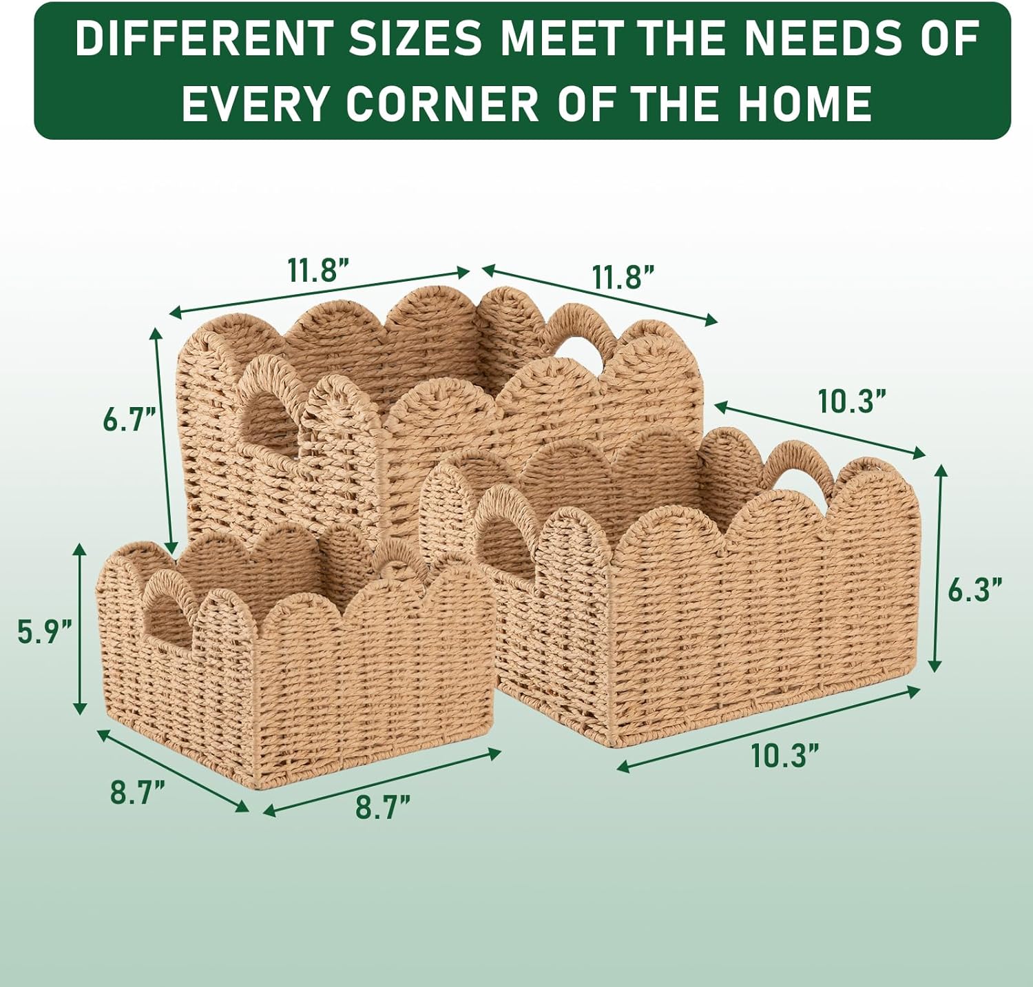 OIAHOMY Scalloped Wicker Baskets, Hand-woven Storage Baskets with Built-in Handles, Paper Rope Shelf Baskets for Organizing and Decoration, Set of 3-Yellow