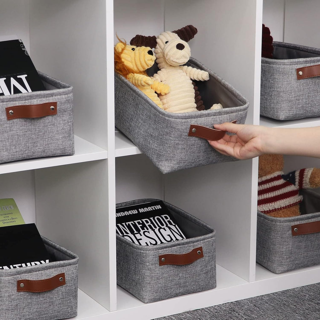HNZIGE Foldable Fabric Storage Baskets (6pack), Empty Gift Baskets with Leather Handles, Decorative Organizers for Closet (Gray, 11.8" x 7.8" x 5.1")