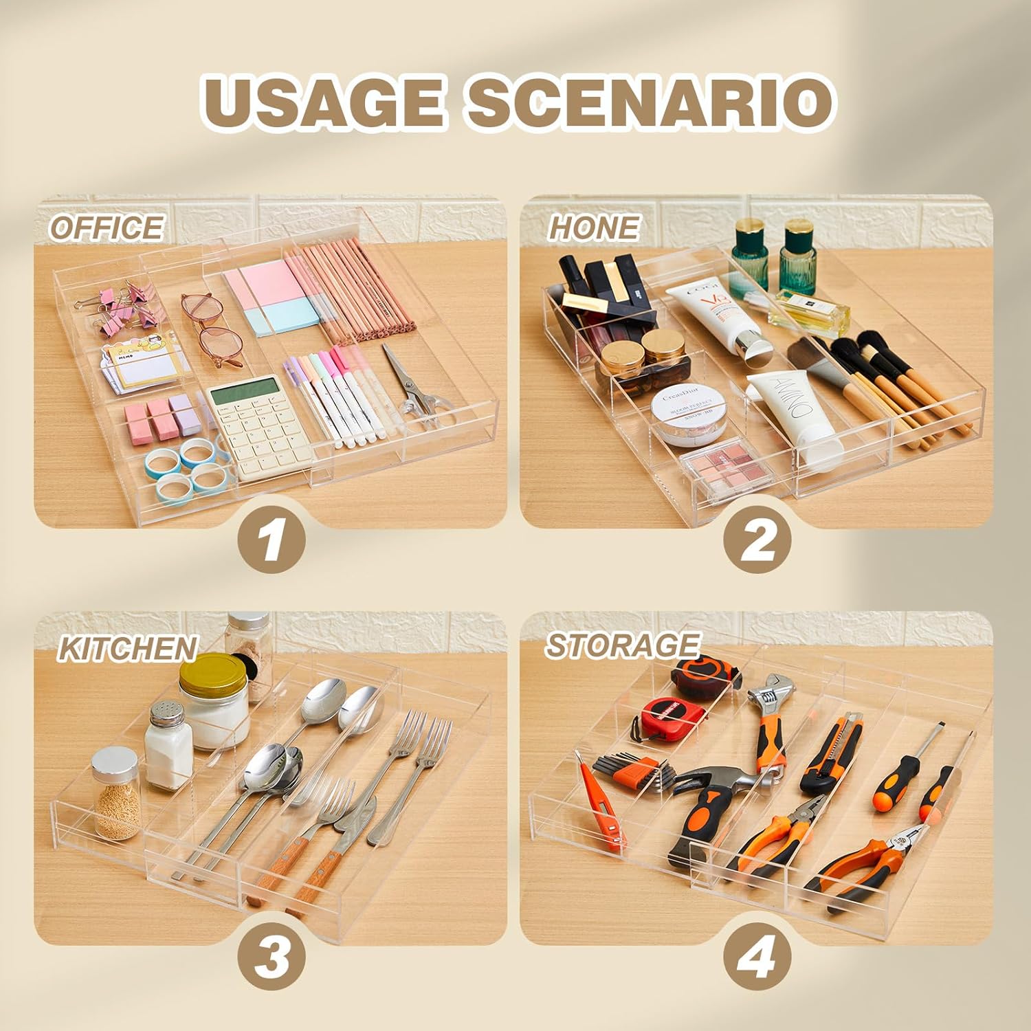 1 PC Acrylic Desk Drawer Organizer 2 Inch Height Expandable Drawer Organizer Trays with 8 Adjustable Compartments Desk Accessories for Makeup Silverware Office Bathroom(Clear,Stylish)