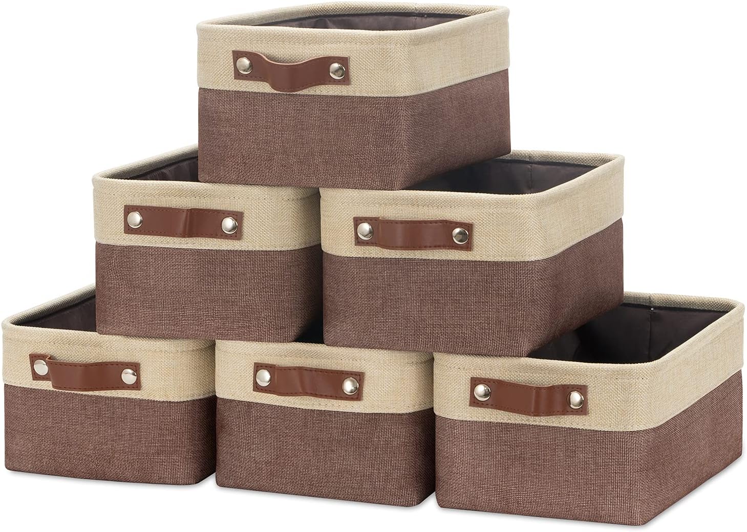 HNZIGE Foldable Fabric Storage Baskets for Shelves(6pack) Small Bins with Handles, Canvas Baskets for Gifts Empty With Handles for Closet Nursery Home Shelves Toy (Gold&Brown, 11.8" x 7.8" x 5.1")
