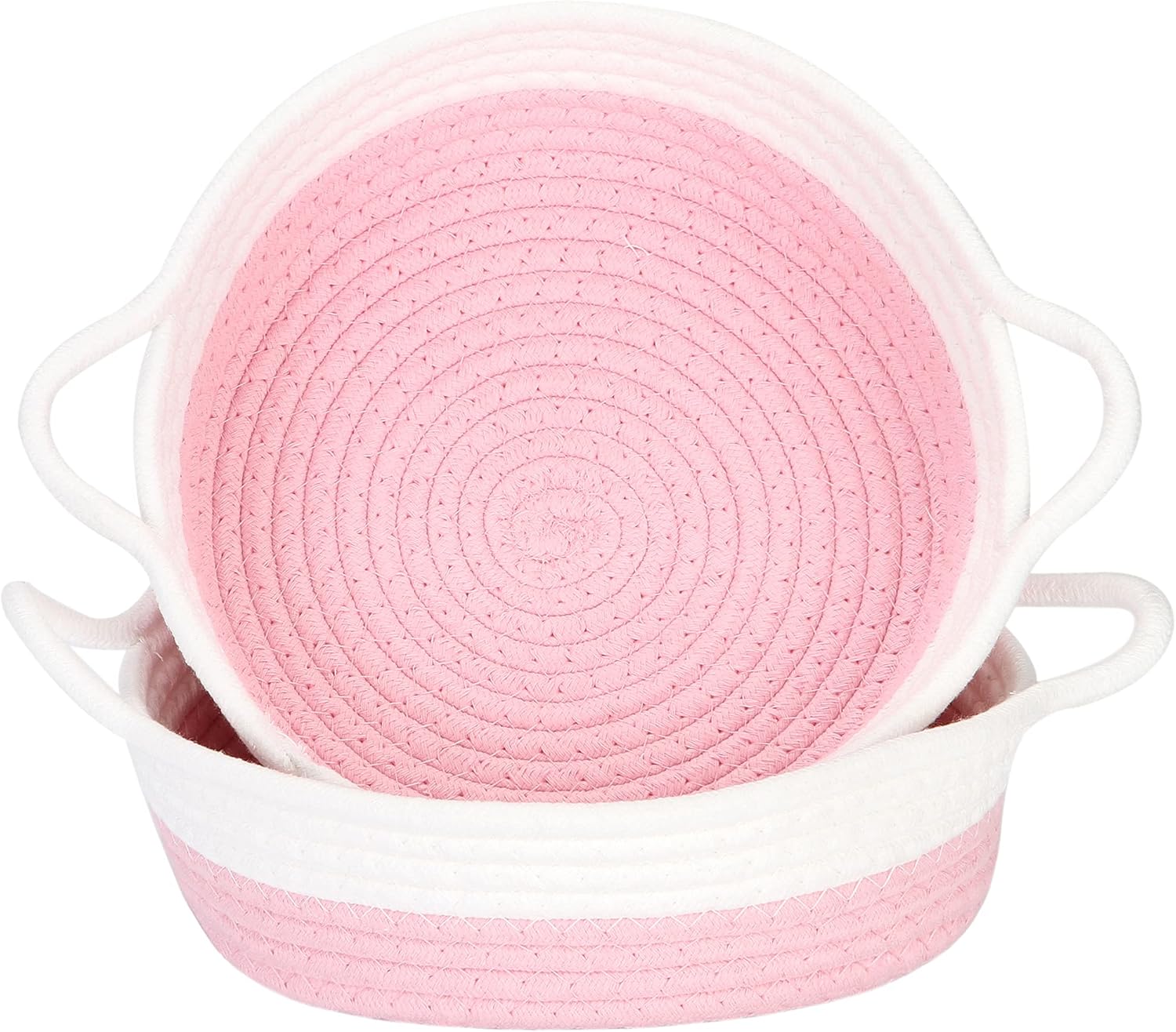 Sea Team 2-Pack Cotton Rope Baskets, 10 x 3 Inches Small Woven Storage Basket, Fabric Tray, Bowl, Round Open Dish for Fruits, Jewelry, Keys, Sewing Kits (Pink & White)