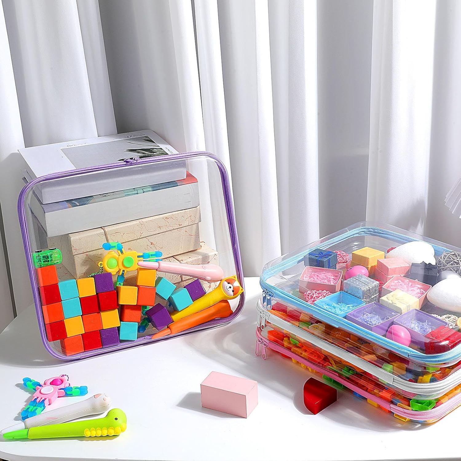 Hoolerry 4 Pcs Hard Clear Zipper Case Makeup Bags Plastic Pencil Pouch Transparent Storage Box Containers for Cosmetics, Snacks, Building Blocks, Puzzles(Multicolor,13.8 x 11.8 x 2 in)