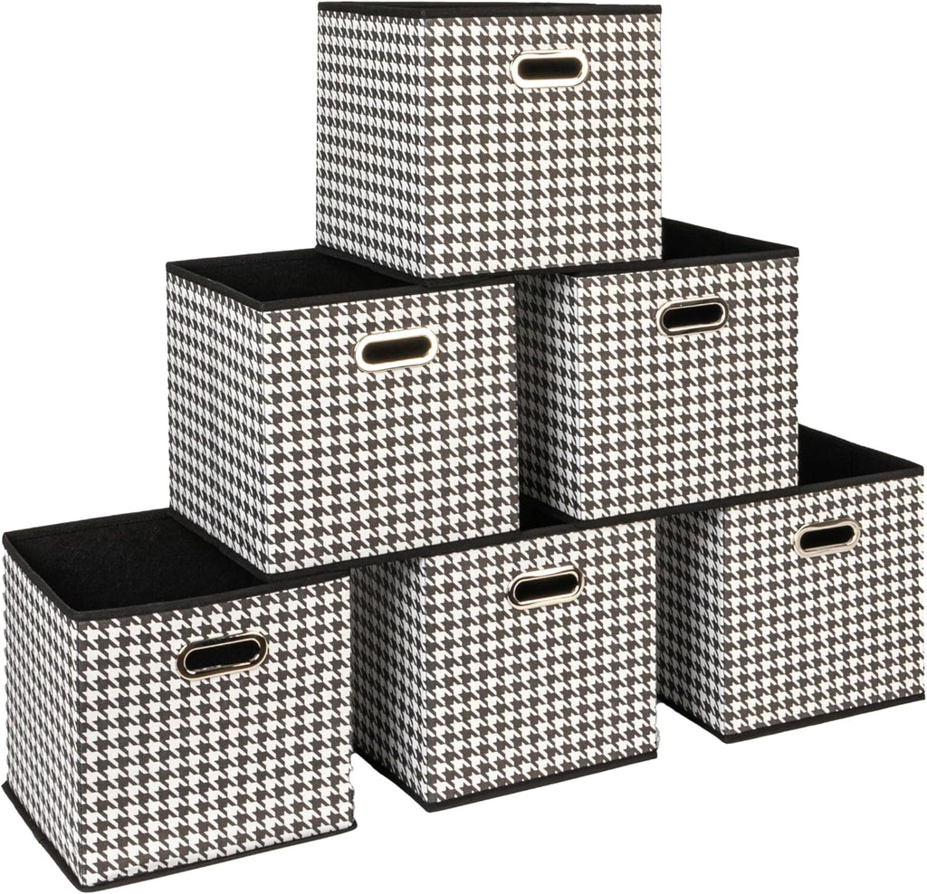 Household Essentials Foldable Fabric Storage Cubes 6-Pack – 11x11x11 Stackable Non-Woven Bins with Chipboard Sides & Grommet Handles – Closet, Shelf, Nursery, or Office Organizer – Houndstooth