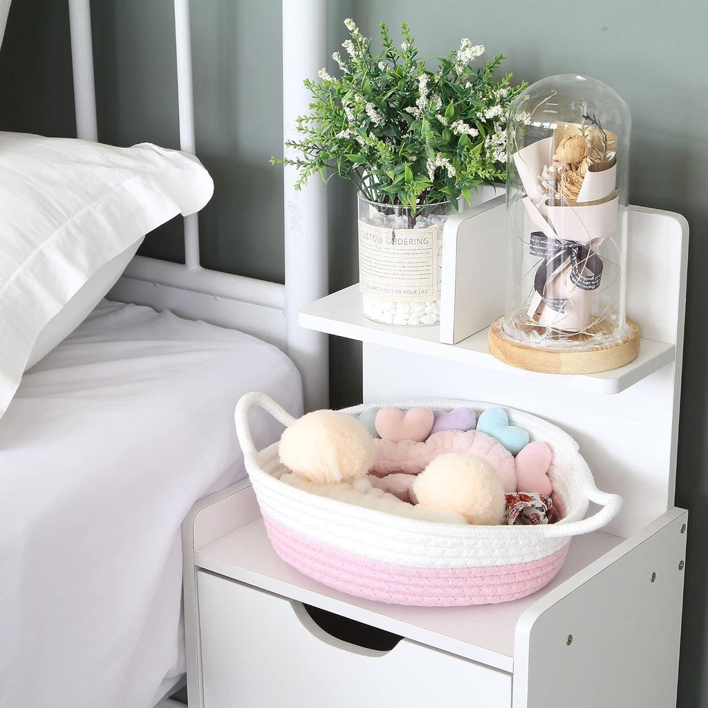 Sea Team 2-Pack Cotton Rope Baskets, 10 x 3 Inches Small Woven Storage Basket, Fabric Tray, Bowl, Round Open Dish for Fruits, Jewelry, Keys, Sewing Kits (Pink & White)